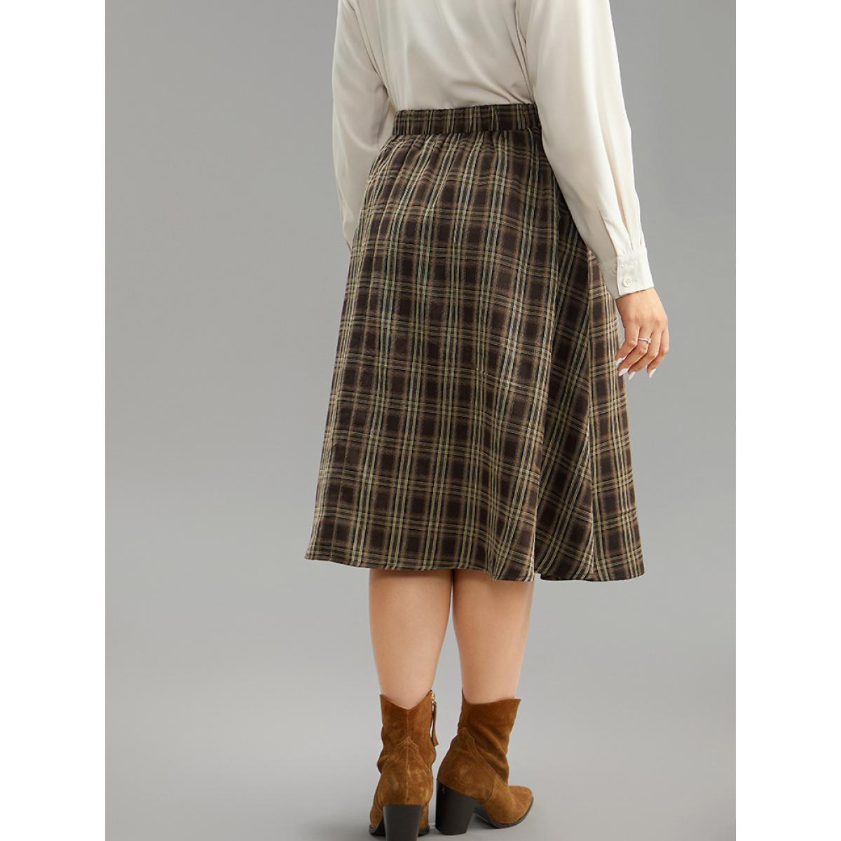 Plus Size Plaid Print Pocket Elastic Waist Skirt Women DarkBrown Office Elastic Waist No stretch Pocket Work Skirts BloomChic 14-16/1X Product Image