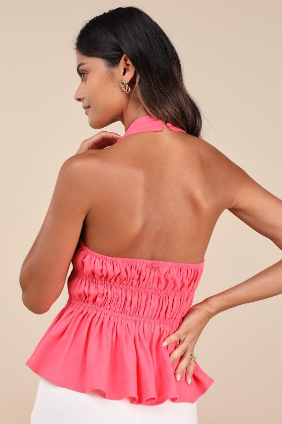 Adelita Coral Pink Tie-Front Halter Peplum Top Product Image