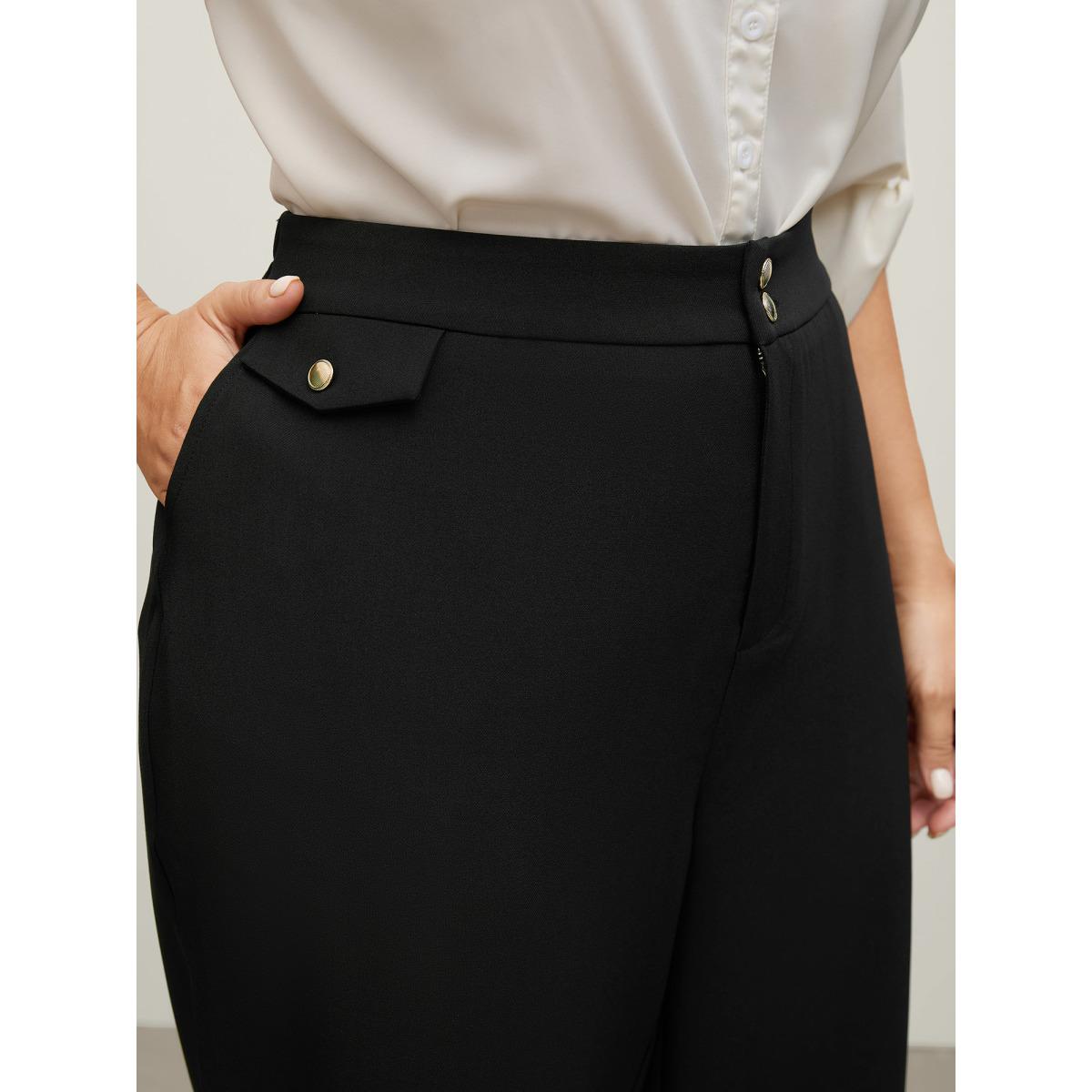 Plus Size Stretchy Double Button Straight-Leg Pants Women Black Office Loose Mid Rise Office Pants BloomChic 14-16/1X Product Image