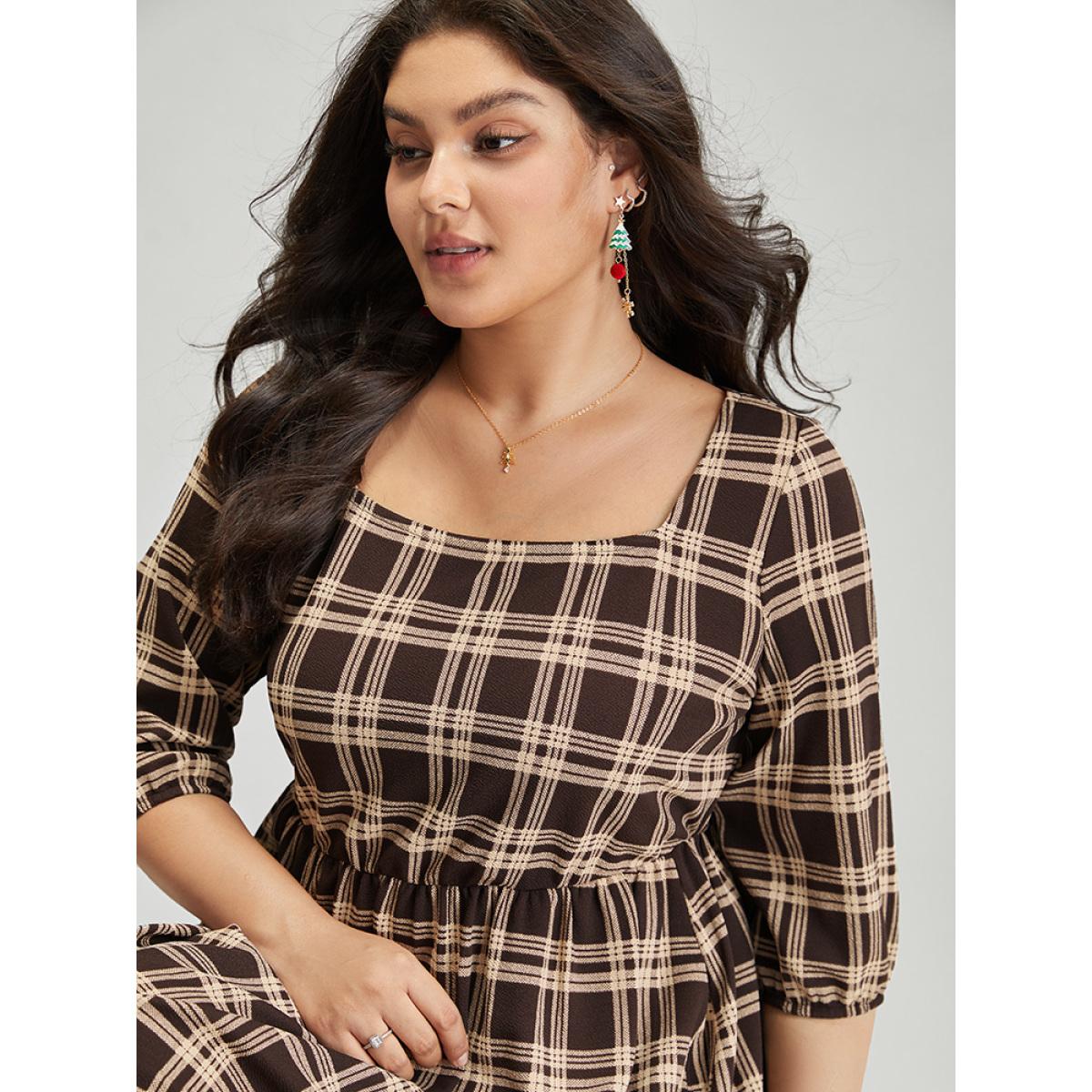 Plus Size Plaid Pocket Elastic Waist Square Neck Lantern Sleeve Dress DarkBrown Women Casual Elastic cuffs Square Neck Elbow-length sleeve Curvy Midi Dress BloomChic 18-20/2X Product Image