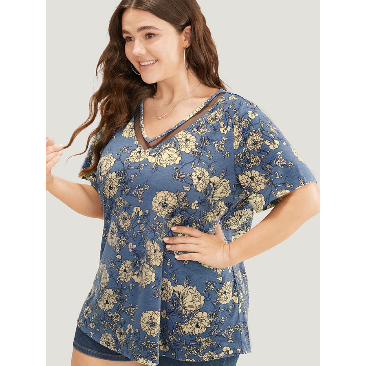 Plus Size Floral Print Mesh Insert Flutter Sleeve T-shirt Aegean Women Elegant See through Floral V-neck Dailywear T-shirts BloomChic 10/M Product Image