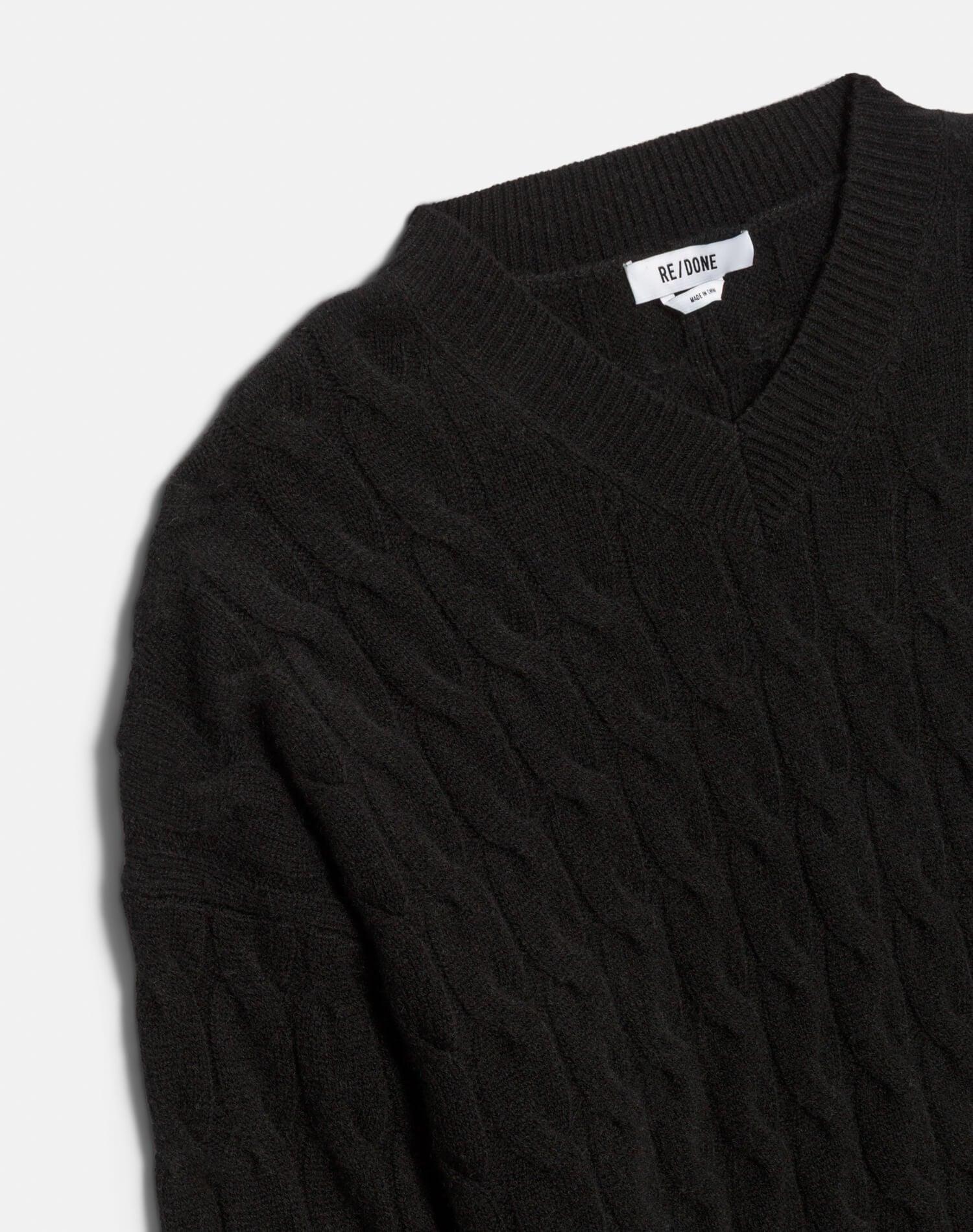 Cable V Neck Pullover - Black Product Image