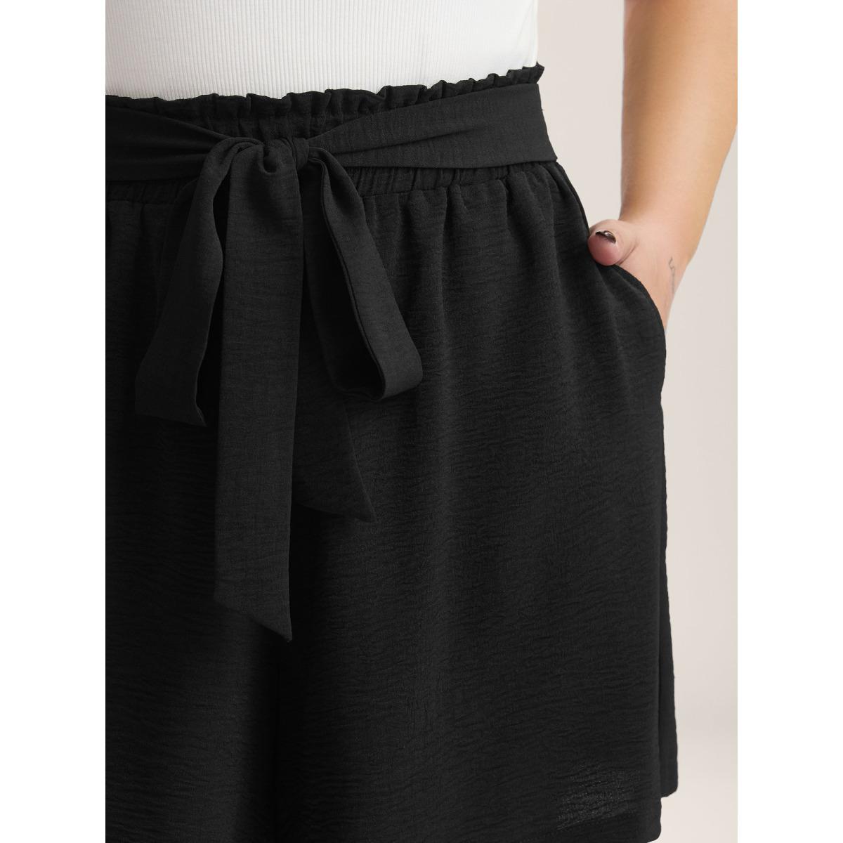 Plus Size Belted Wide-Leg Solid Shorts Women Black Leisure Tie knot Wide Leg Casual Shorts BloomChic 18-20/2X Product Image