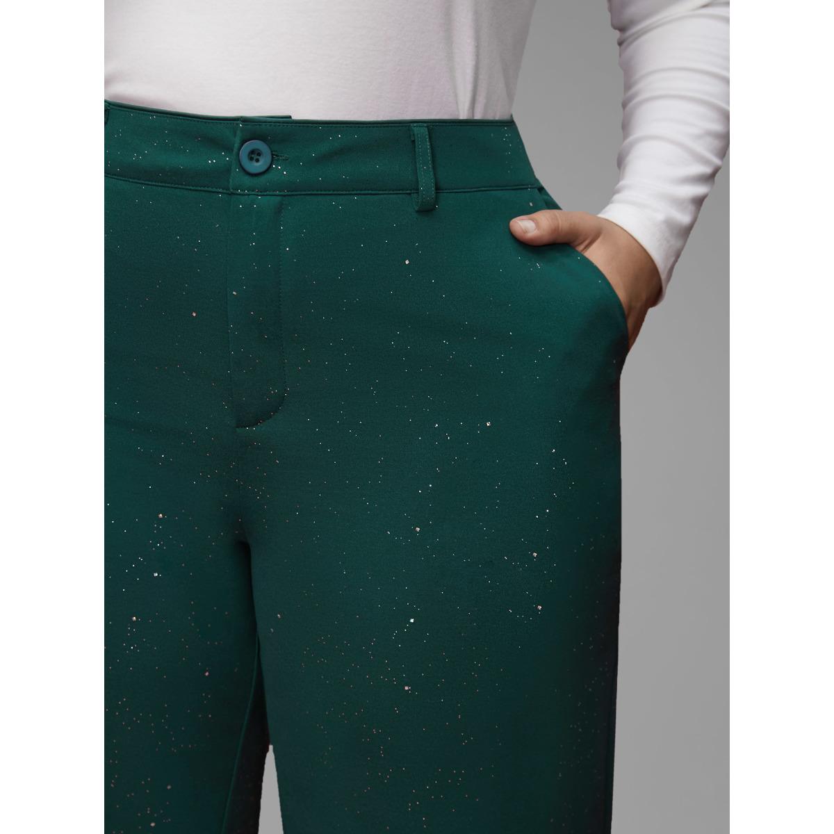 Plus Size Sparkle Knit Wide-Leg Pants Women DarkGreen Formal Loose Mid Rise Party Pants BloomChic 28/5X Product Image