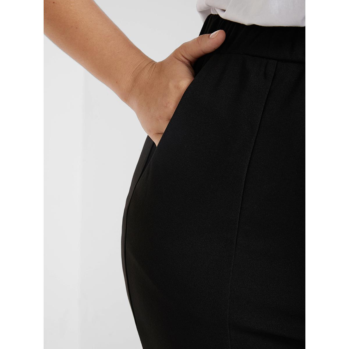 Plus Size Solid Pocket Contrast Lace Panel Pants Women Black Glamour High Rise Going out Pants BloomChic 14/1X Product Image