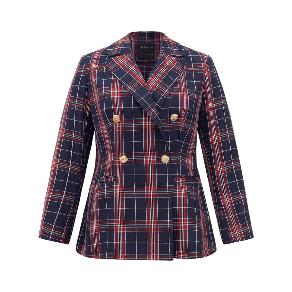 Plus Size Plaid Suit Collar Button Up Pocket Blazer Indigo Women Dailywear Plaid Contrast Sleeve Long Sleeve Suit Collar 14-16/1X Pocket Casual Blazers BloomChic Product Image