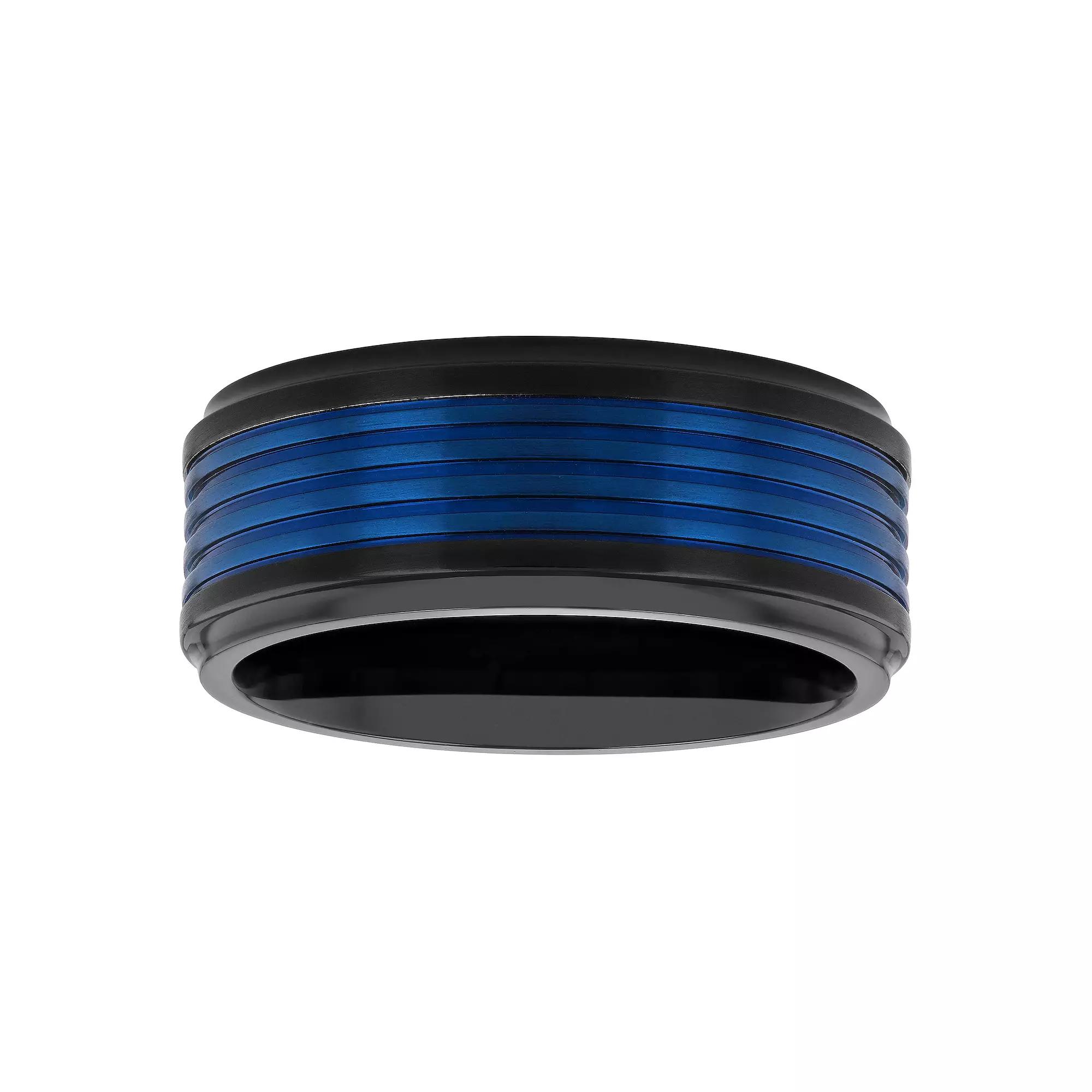 Men's Blue & Black Stainless Steel Grooved Wedding Band, Size: 13.50, Two Tone Product Image
