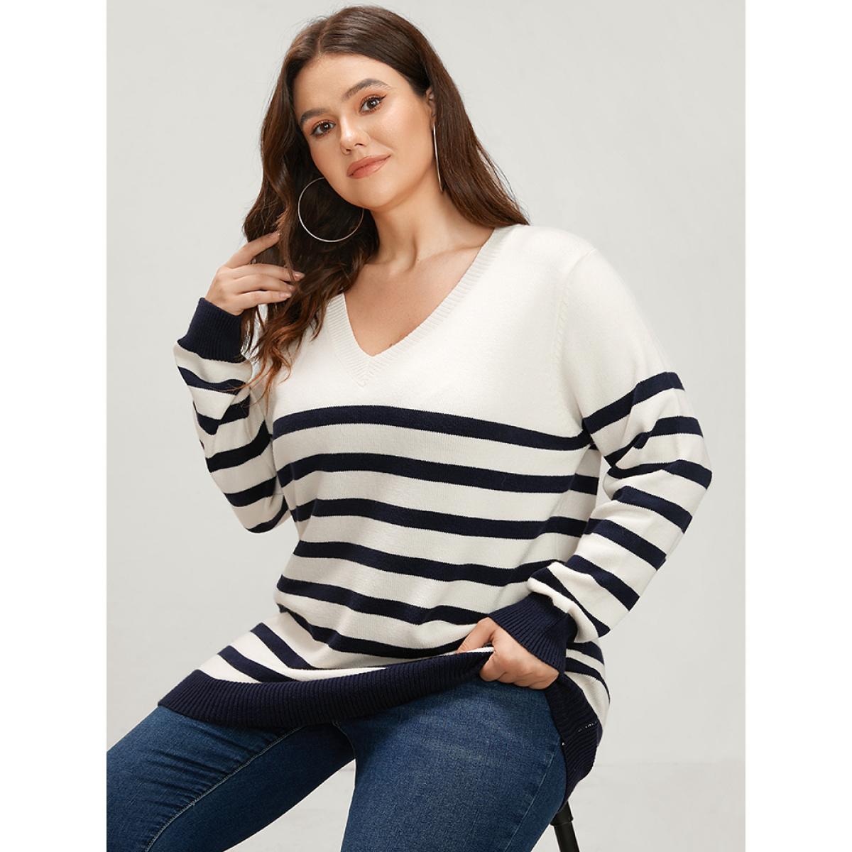 Plus Size Striped Pointelle Knit V Neck Contrast Loose Knit Top White Women Casual Loose Long Sleeve V-neck Dailywear Pullovers BloomChic 10/M Product Image