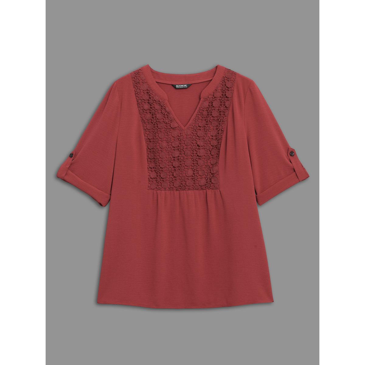 Plus Size Russet Notched Lace Panel Tab Sleeve Blouse Women Elegant Elbow-length sleeve Flat collar with V-notch Everyday Blouses BloomChic 28/5X Product Image