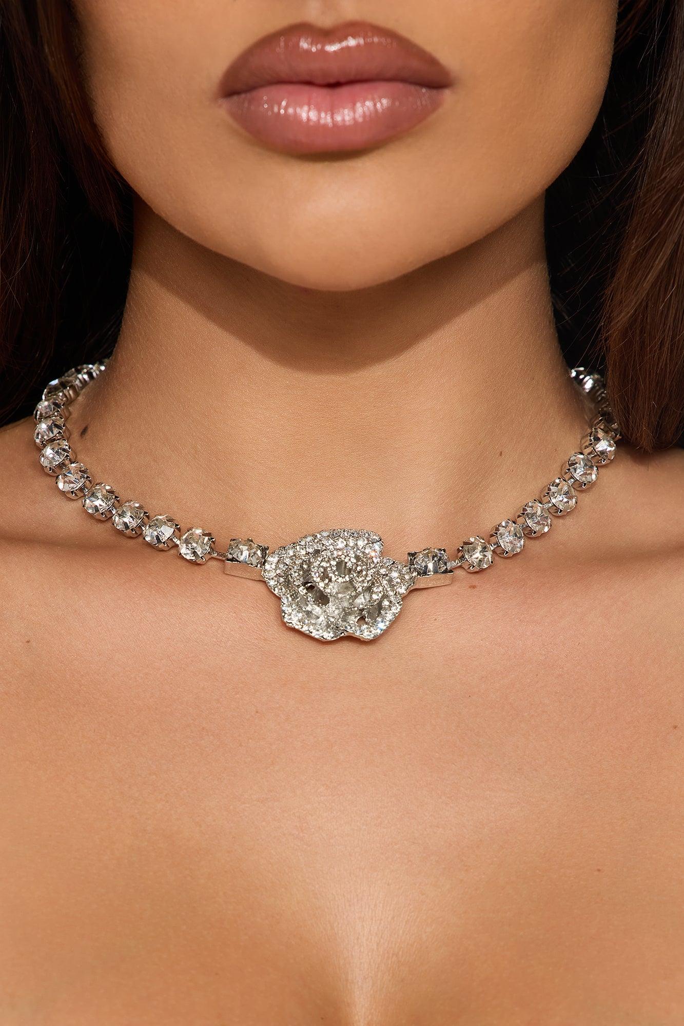 Hollywood Hills Floral Rhinestone Necklace - Silver Female Product Image