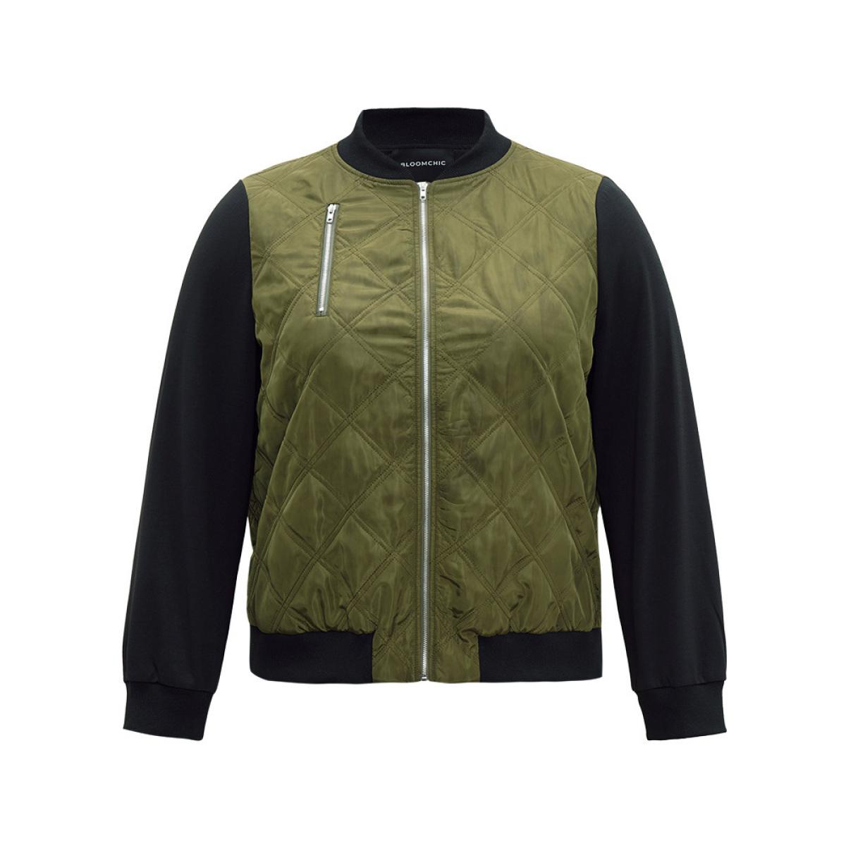 Plus Size Contrast Patchwork Quilted Zipper Bomber Jacket Women ArmyGreen Elastic cuffs Everyday Jackets BloomChic 22-24/3X Product Image