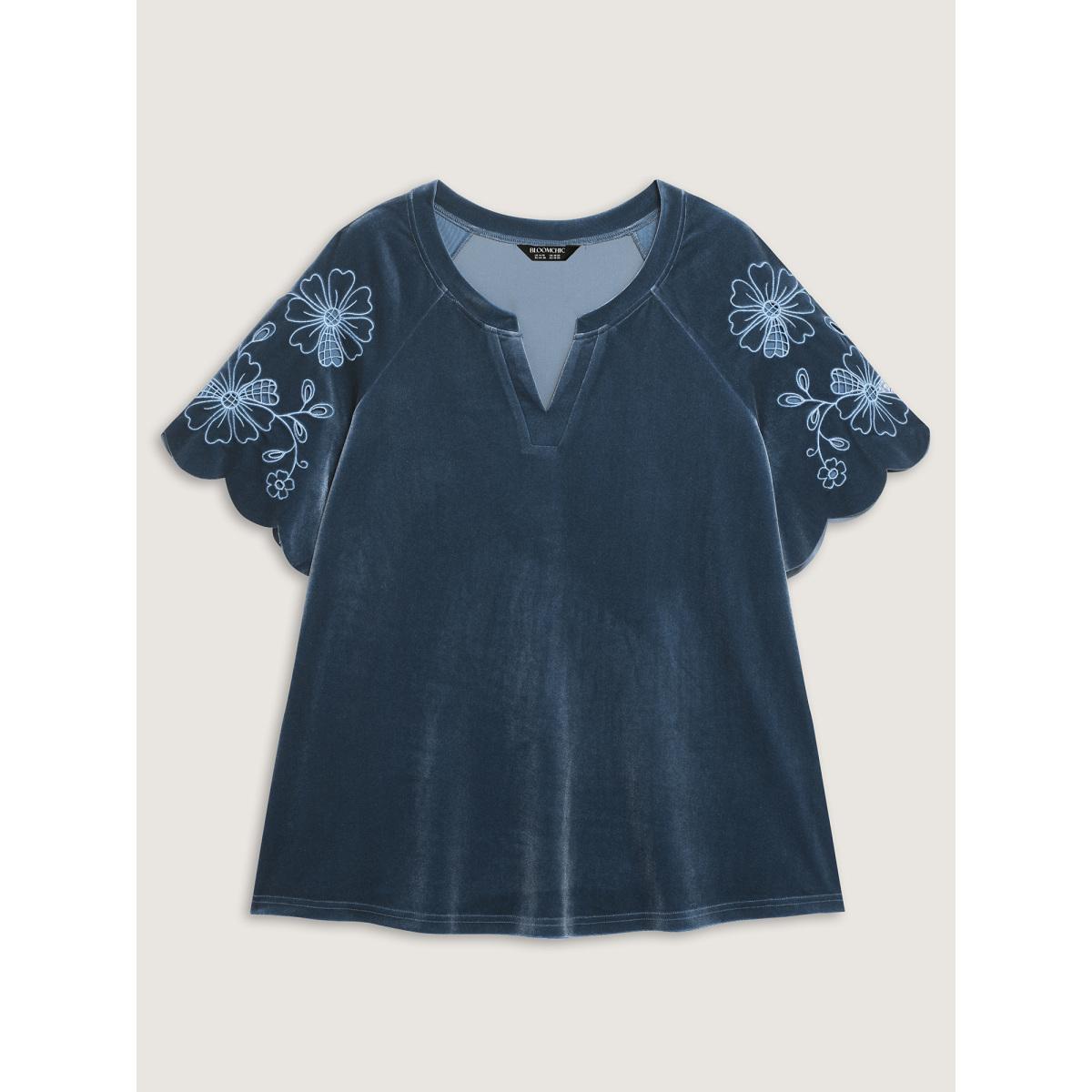 Plus Size Mediumblue Velvet Embroidered Mesh Sleeve Stretchy Blouse Women Timeless Short sleeve Flat collar with V-notch Elegant Blouses BloomChic 22-24/3X Product Image