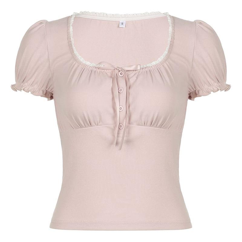 Puff Sleeve / Long Sleeve Square-Neck Ruffled-Trim Bow Accent Slim-Fit Crop Top Product Image