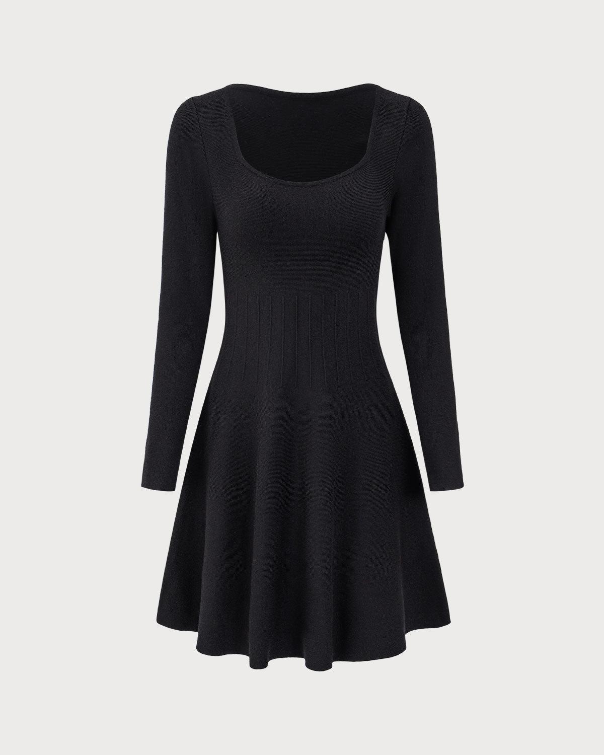 Black Square Neck Ribbed Sweater Dress Product Image
