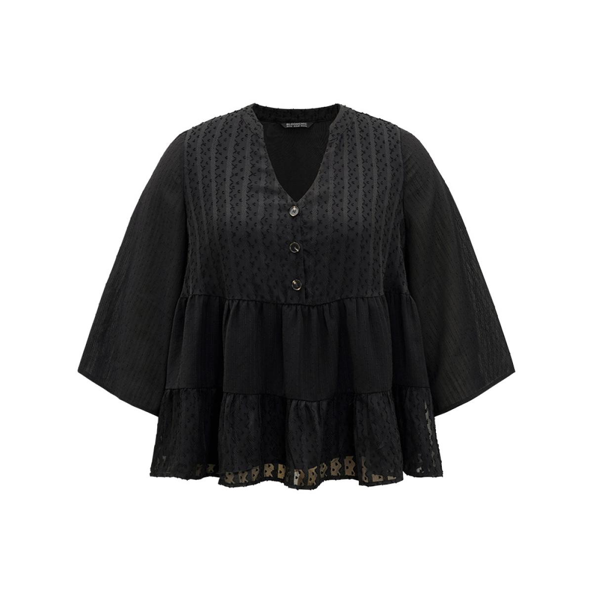 Plus Size Black Plain Textured V Neck Elastic Waist Ruffle Hem Blouse Women Elegant Elbow-length sleeve V-neck Dailywear Blouses BloomChic 10/M Product Image