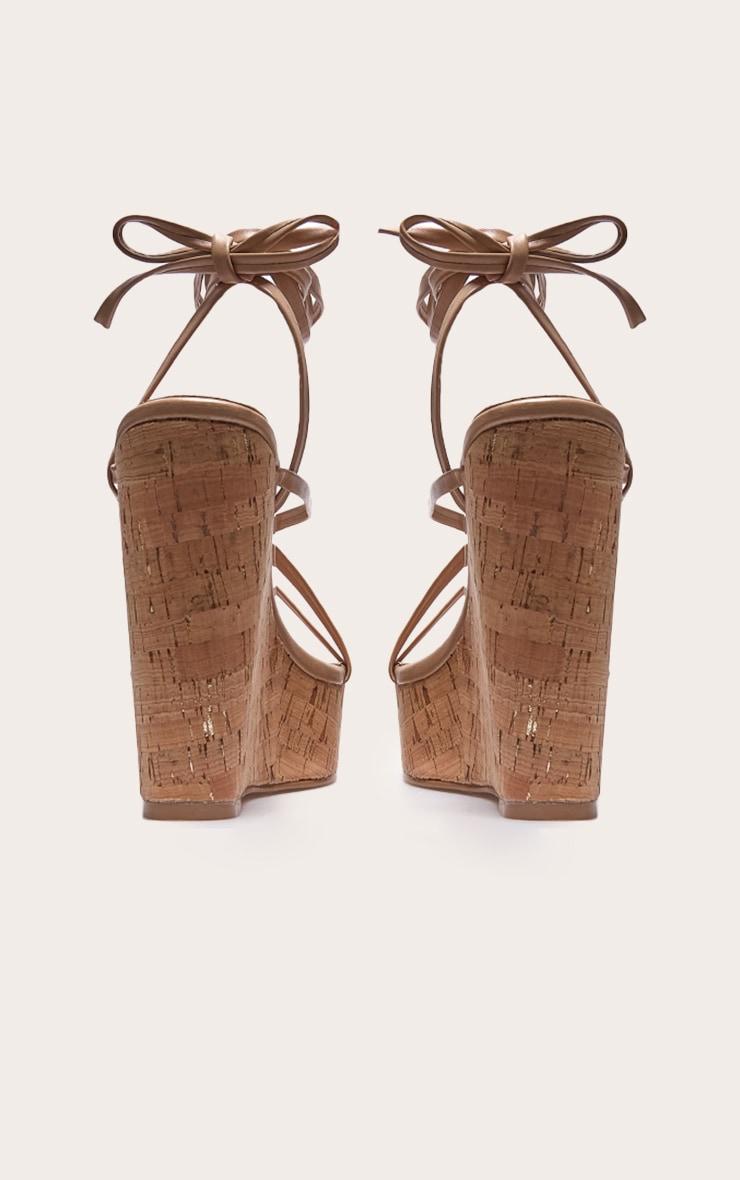 Nude Pu Strappy Lace Up High Heel Cork Wedges Product Image