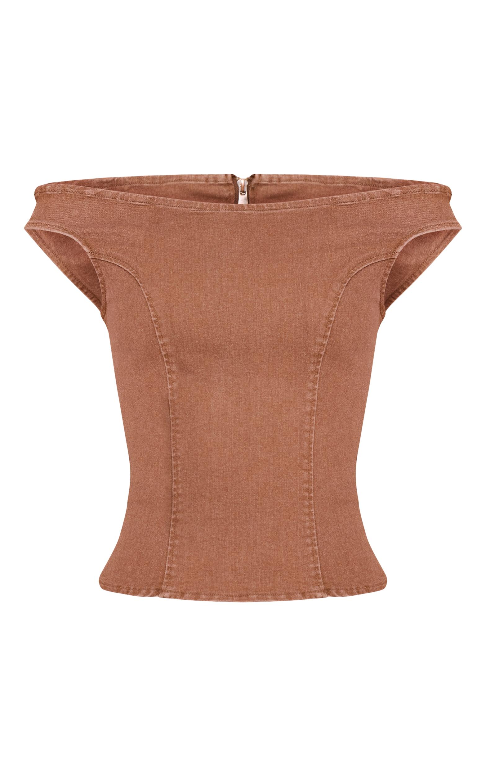 Brown Off The Shoulder Stretch Denim Top Product Image