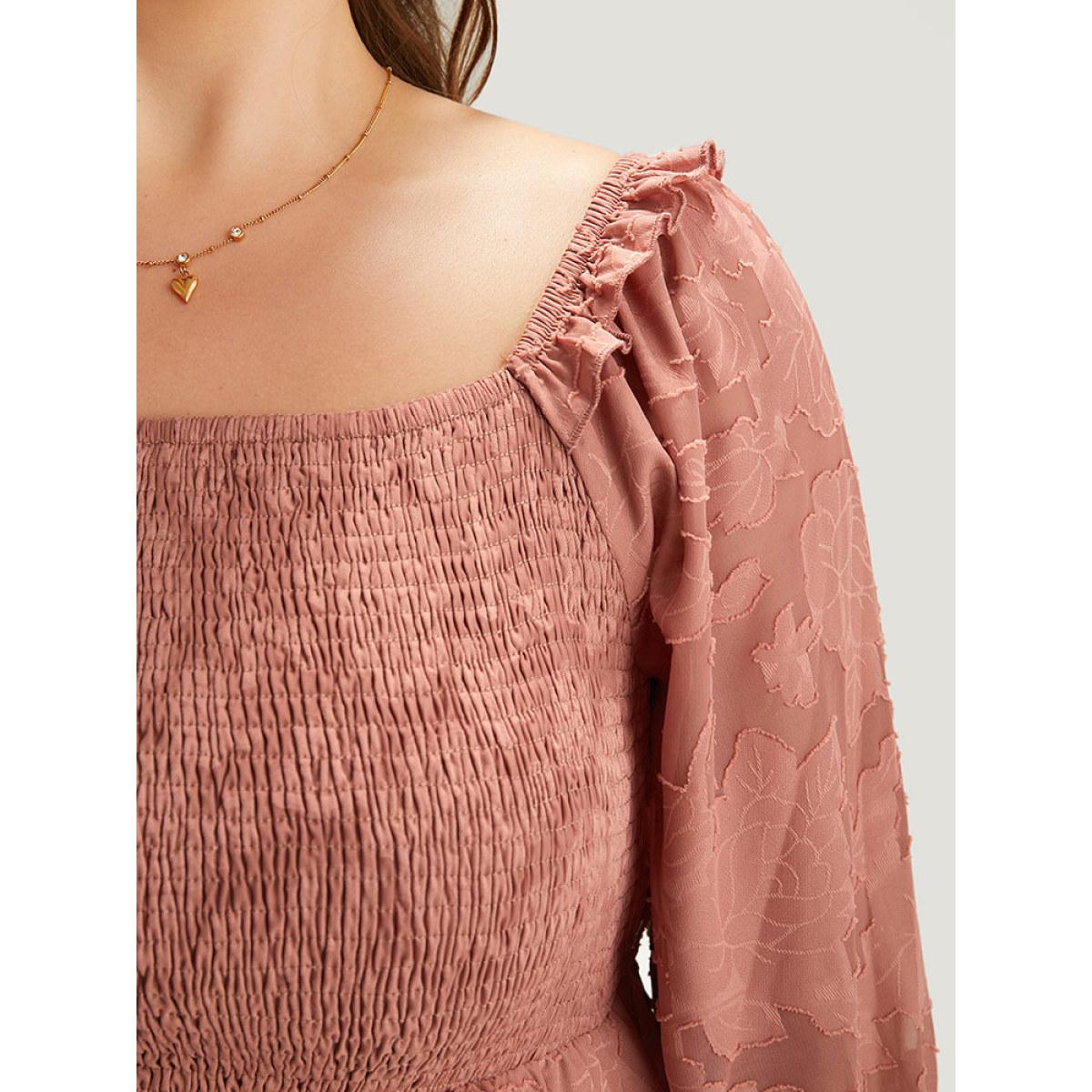 Plus Size Plain Pocket Frill Trim Lantern Sleeve Dress Watermelon Women Elegant Elastic cuffs Square Neck Elbow-length sleeve Curvy Midi Dress BloomChic 22-24/3X Product Image