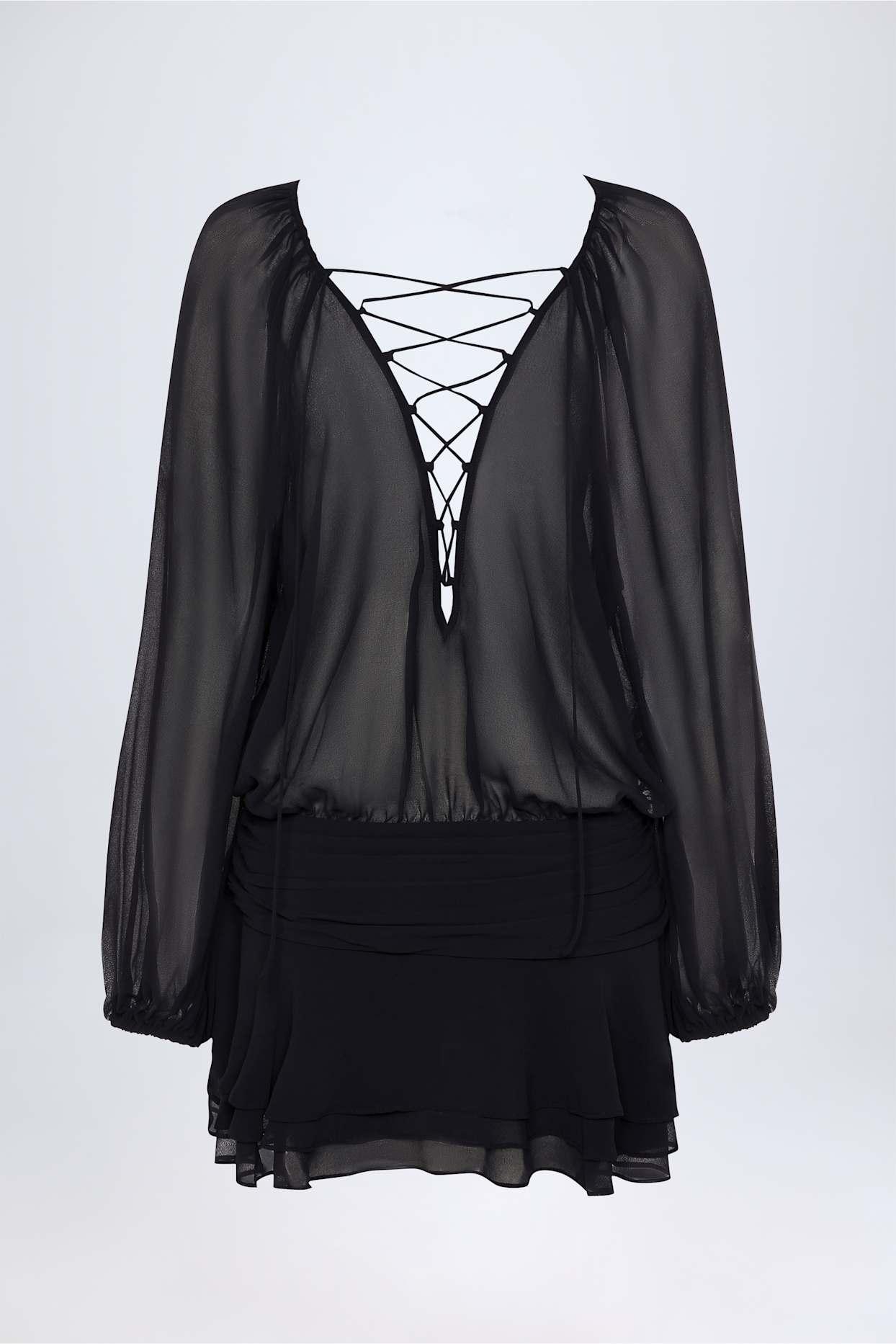 Lace-Up Balloon-Sleeve Mini Dress in Black Product Image