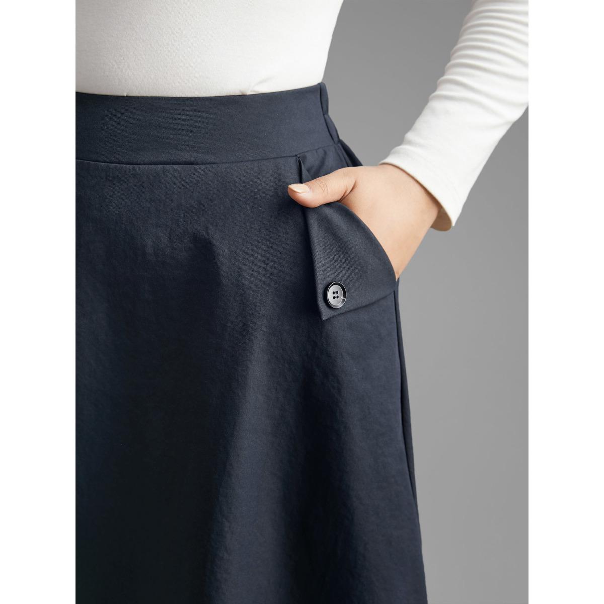Plus Size Solid Buckle Detail Pocket Skirt Women Indigo Elegant Button Low stretch Slanted pocket Everyday Skirts BloomChic 12/L Product Image