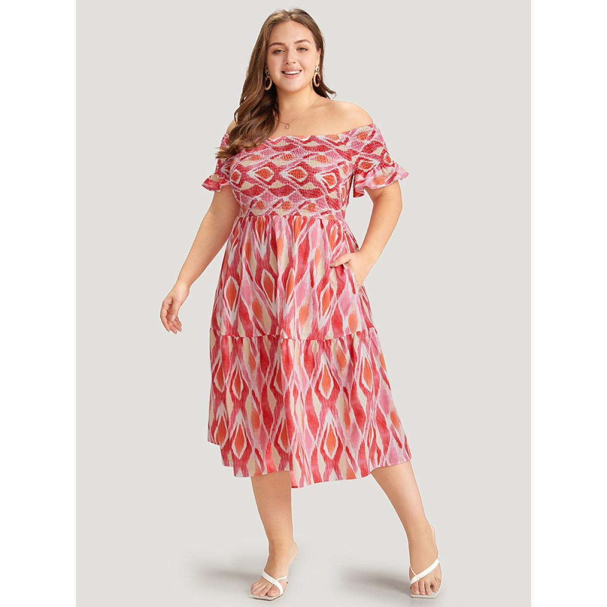 Plus Size Geometric Print Pocket Shirred Ruffles Sleeve Off Shoulder Dress Multicolor Women Elegant One-shoulder neck Short sleeve Curvy Midi Dress BloomChic 28/5X Product Image