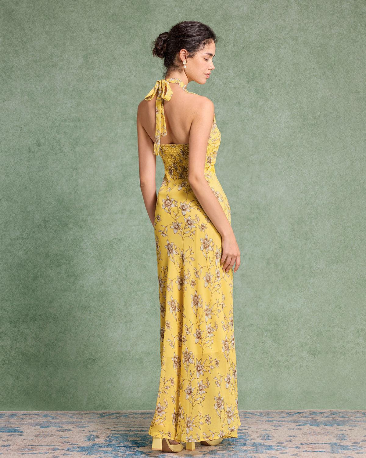 Yellow Floral Shirred Halter Maxi Dress Product Image