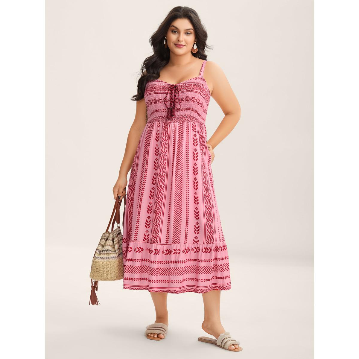 Plus Size Boho Stripes Shirred Tassel Midi Dress Rosered Women Square Neck Sleeveless Curvy BloomChic 10/M Product Image