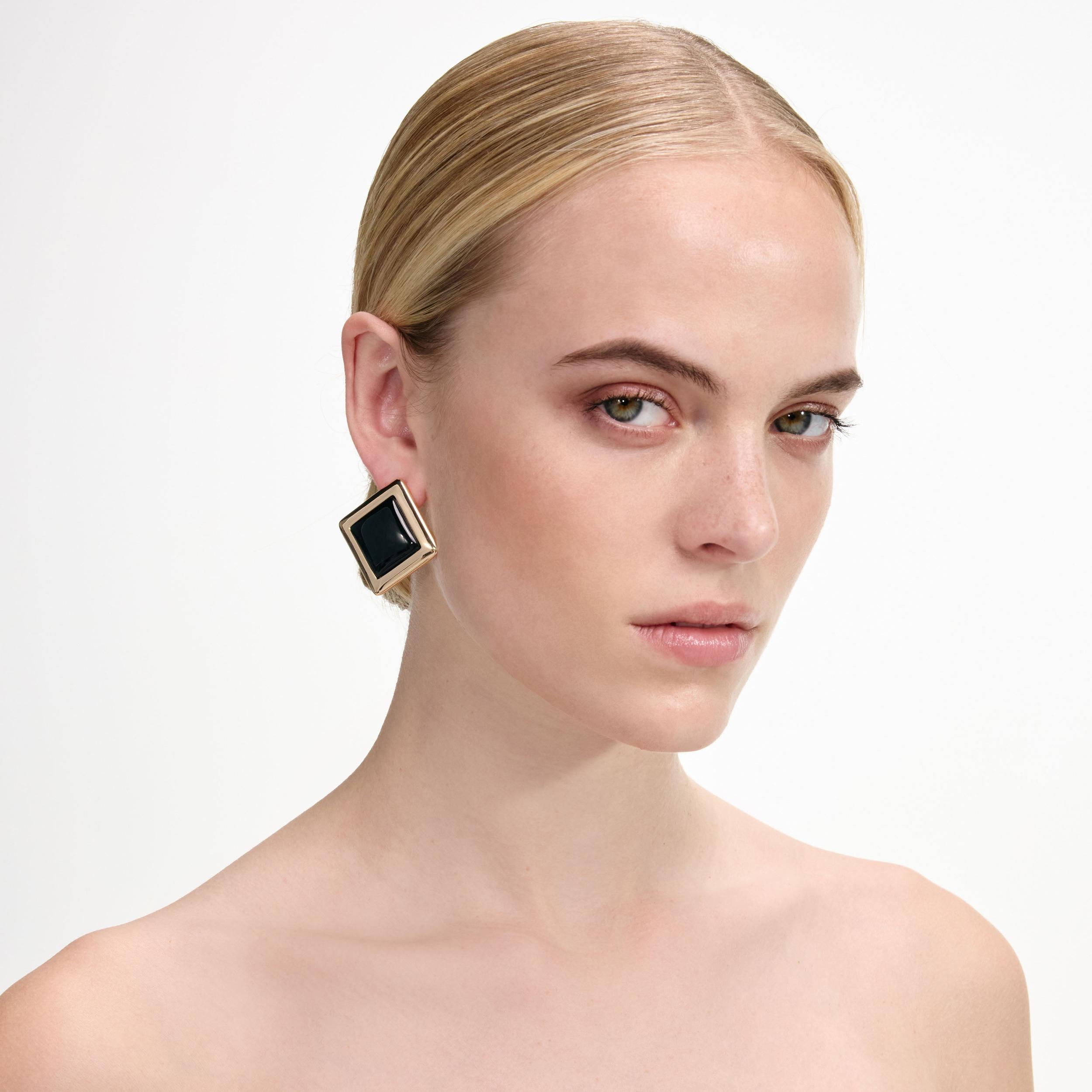 Black Enamel Gold Square Earrings Product Image