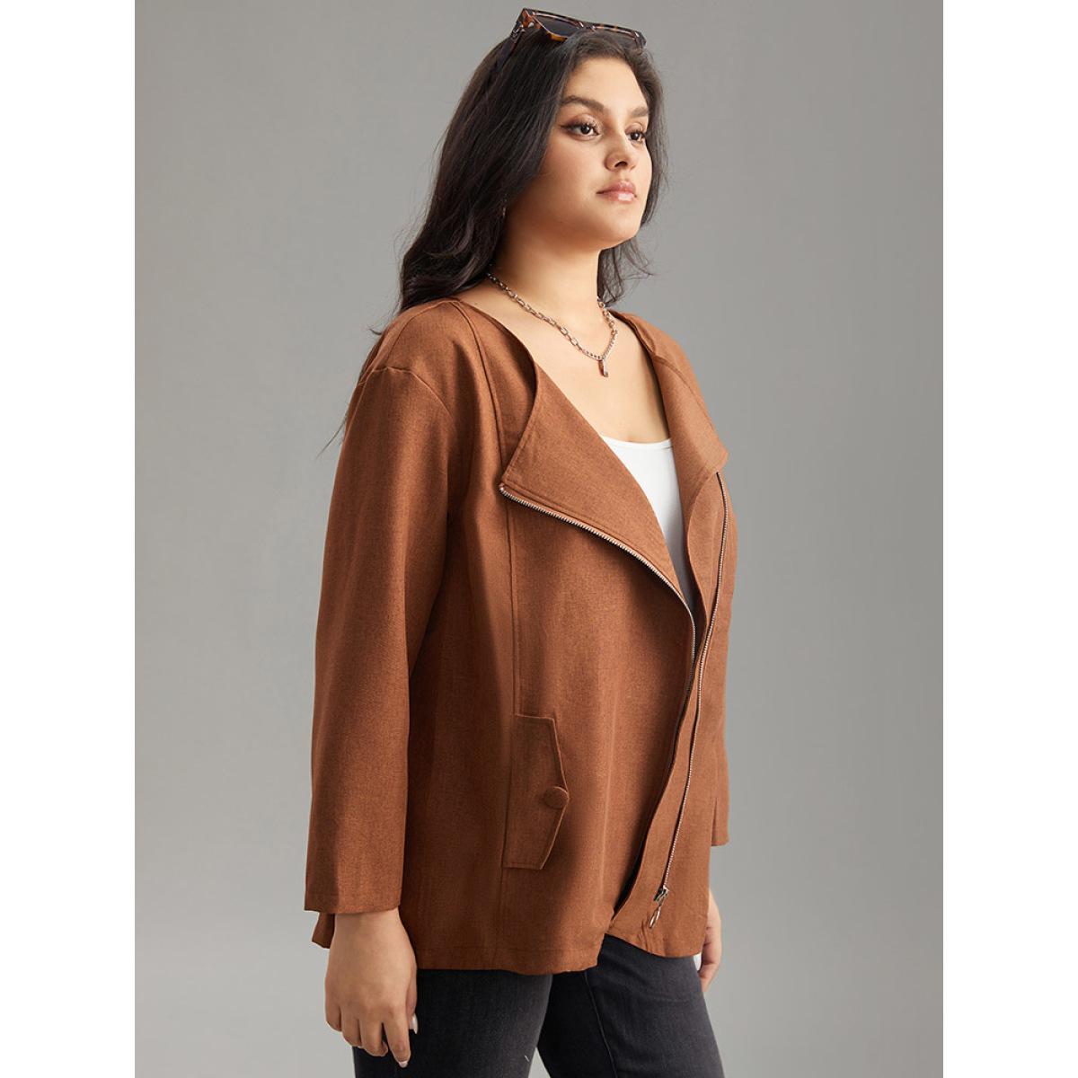 Plus Size Plain Asymmetrical Neck Zipper Jacket Women Chocolate Zipper Dailywear Jackets BloomChic 22-24/3X Product Image