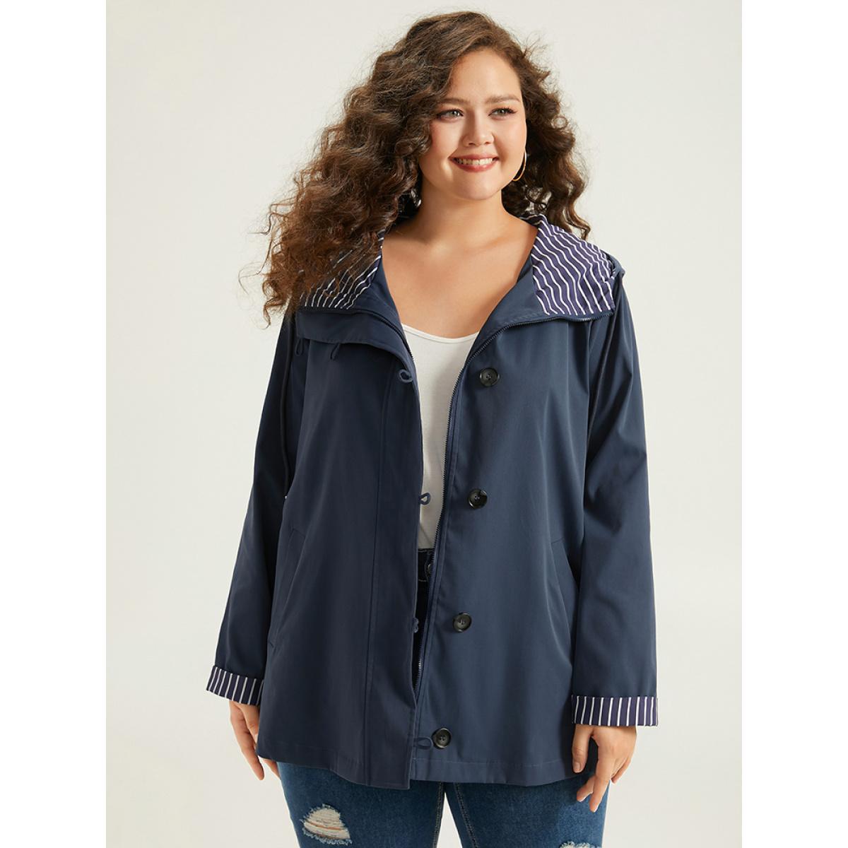 Plus Size Striped Patchwork Zipper Pocket Drawstring Coat Women DarkBlue Casual Contrast Ladies Everyday Winter Coats BloomChic 26/4X Product Image
