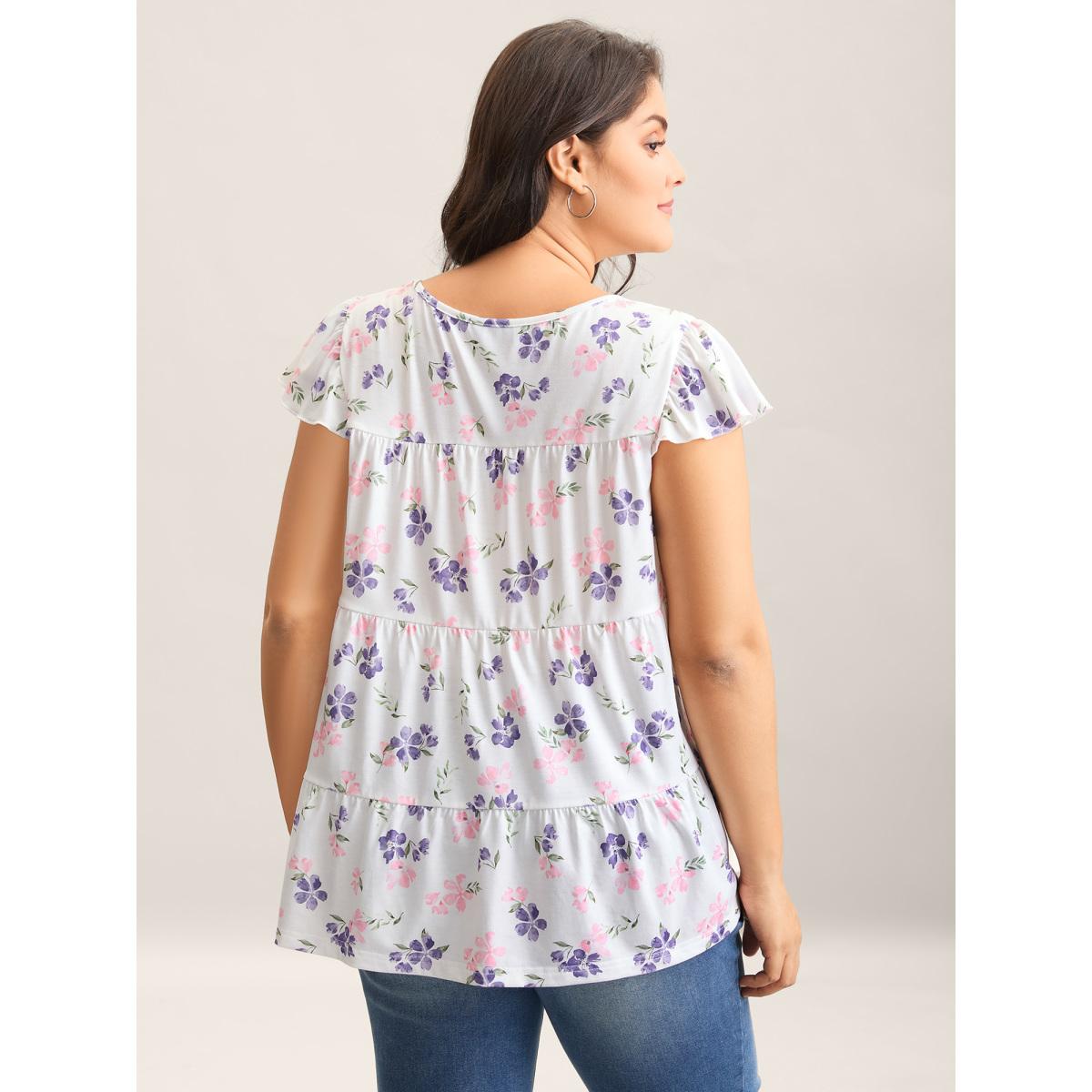 Plus Size Floral Print Flutter Sleeve Layered T-Shirt Multicolor Women Gathered Natural Flowers Round Neck Everyday-Elegant T-shirts BloomChic 10/M Product Image
