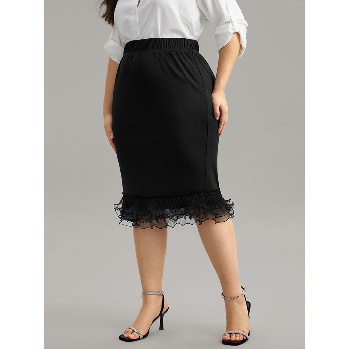 Plus Size Guipure Lace Ruffles Split Hem Bodycon Skirt Women Black Glamour Plain Bodycon Medium stretch Festival-Christmas Skirts BloomChic 10/M Product Image