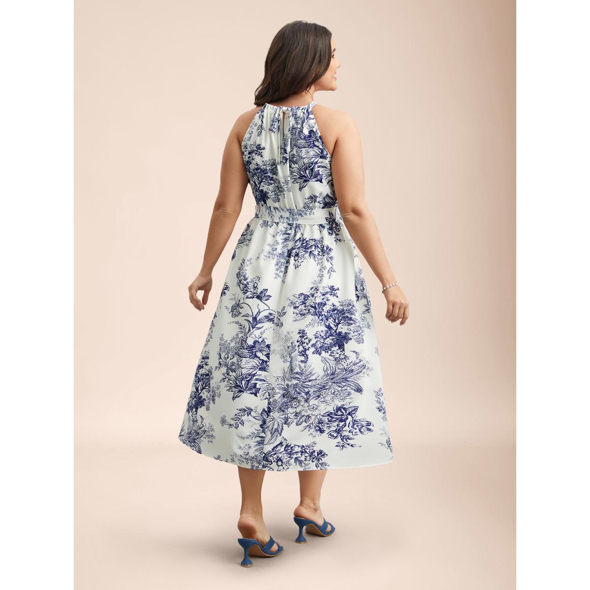 Plus Size Spring Time Florals Sleeveless Midi Dress WhiteSmoke Women Romantic Gathered Halter neck Sleeveless Curvy BloomChic 18-20/2X Product Image