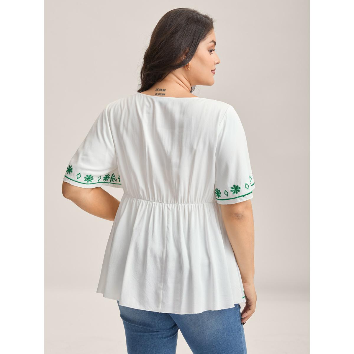 Plus Size WhiteSmoke Floral Embroidery Flared Flowy Blouse Women Short sleeve V-neck Elegant Blouses BloomChic 22-24/3X Product Image