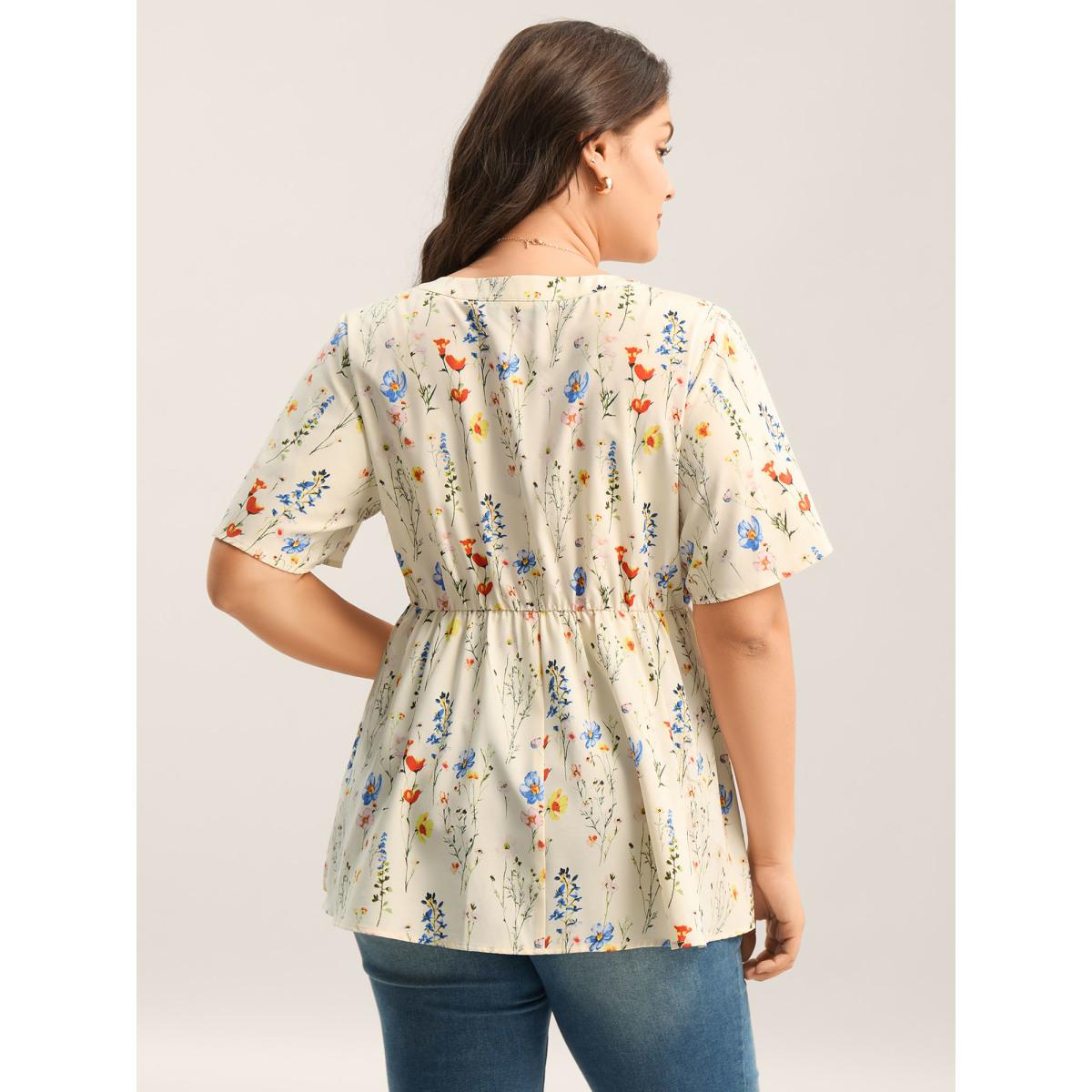Plus Size Beige Branch Floral Print Notched Collar Blouse Women Timeless Short sleeve Notched collar Elegant Blouses BloomChic 10/M Product Image