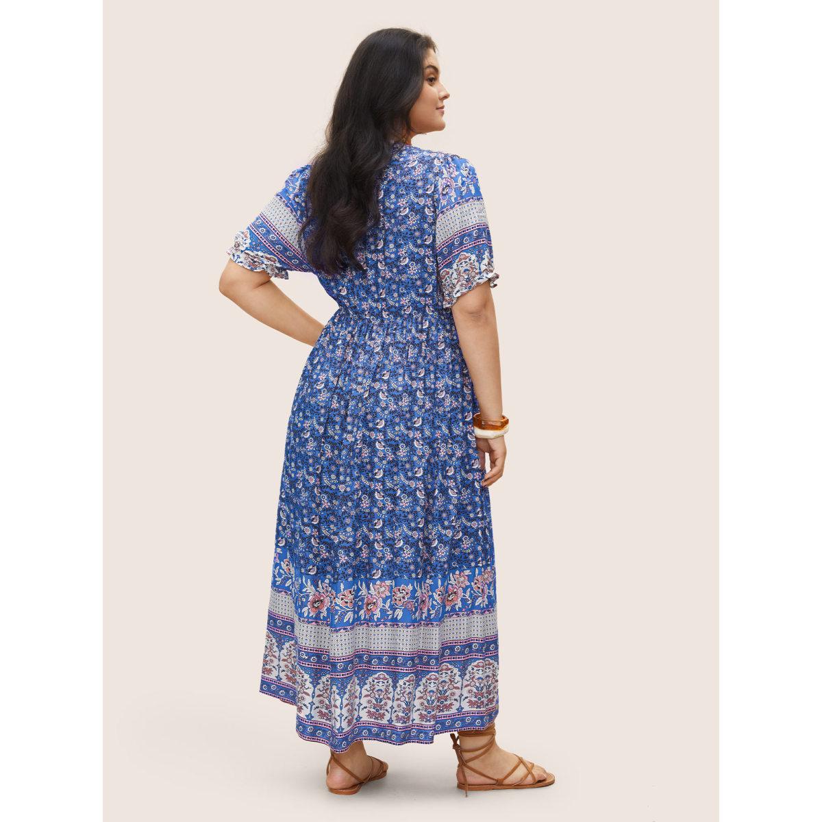 Plus Size Boho Print Notched Ties Tassel Trim Dress Blue Women Boho Non Flat collar with V-notch Short sleeve Curvy BloomChic 30/6X Product Image