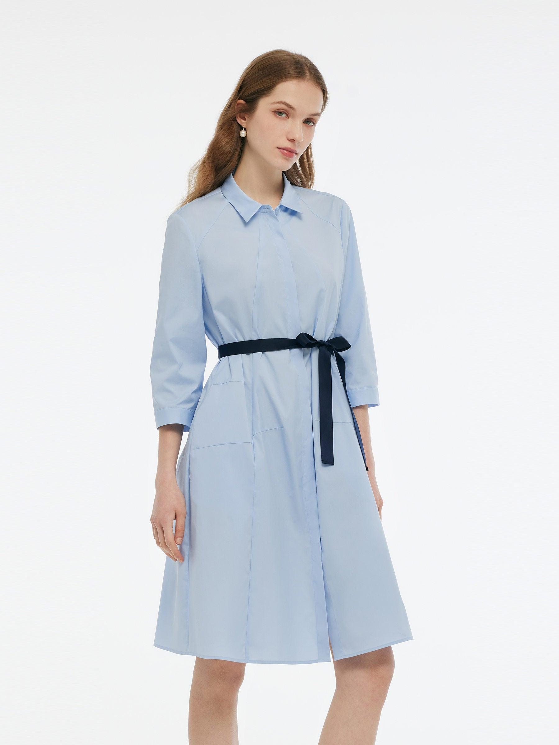 A-Line Button Up Women 3/4 Sleeve Shirt Midi Dress With Ribbon Product Image