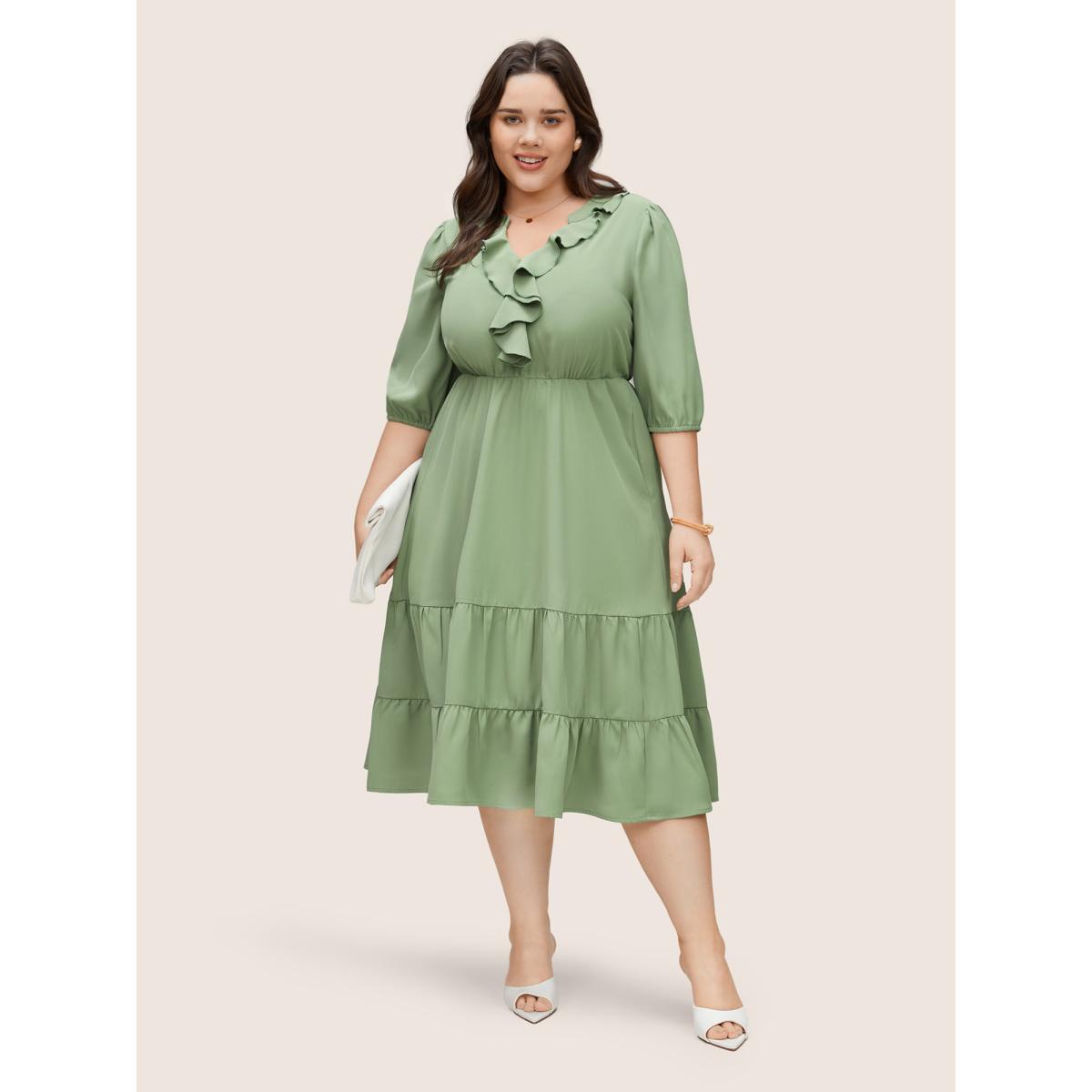 Plus Size Static-Free Solid Ruffles Gathered Layered Hem Dress Sage Women Elegant Non Notched collar Elbow-length sleeve Curvy Midi Dress BloomChic 12/L Product Image