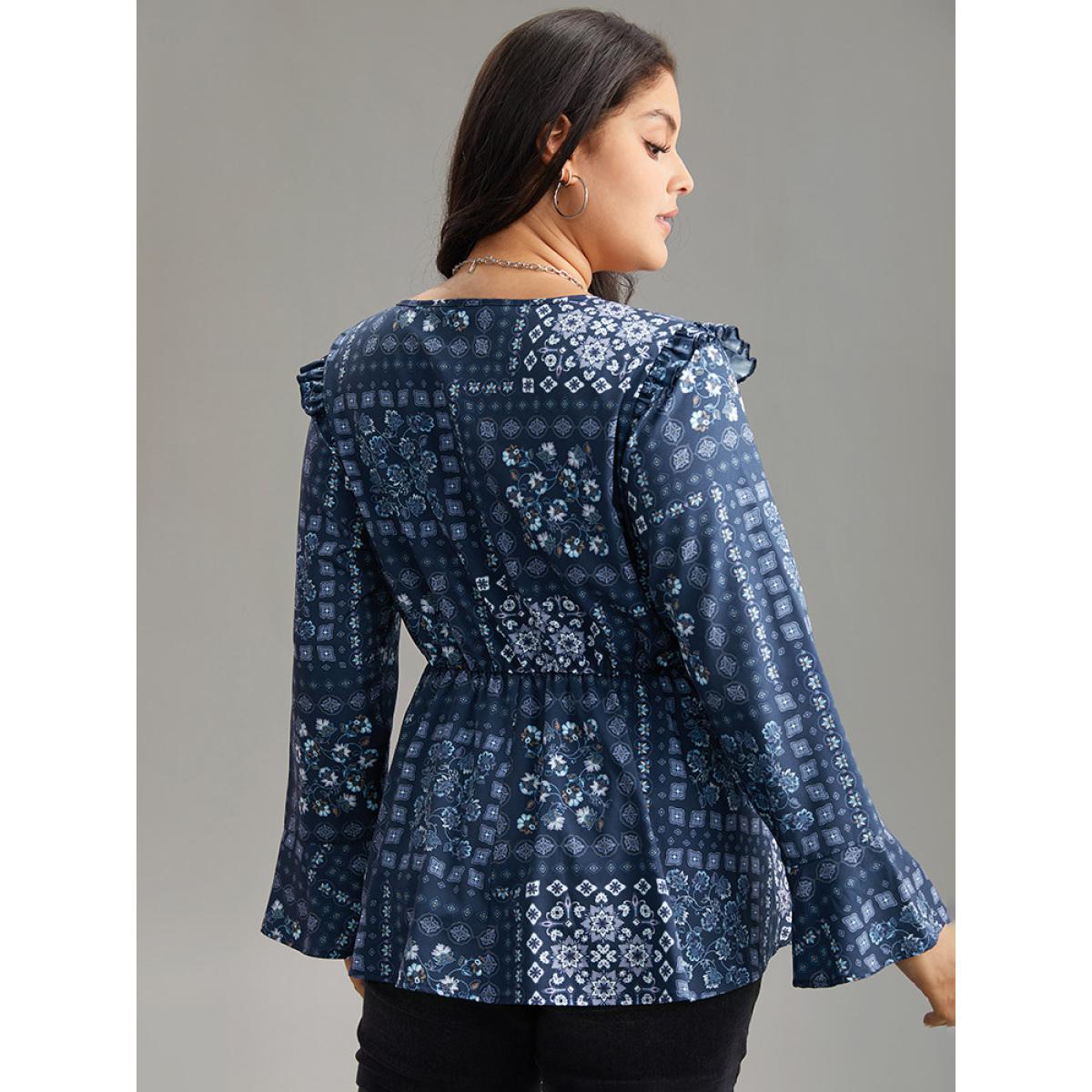 Plus Size Stone Bandana Print Bowknot Frill Trim Blouse Women Elegant Long Sleeve V-neck Dailywear Blouses BloomChic 26/4X Product Image