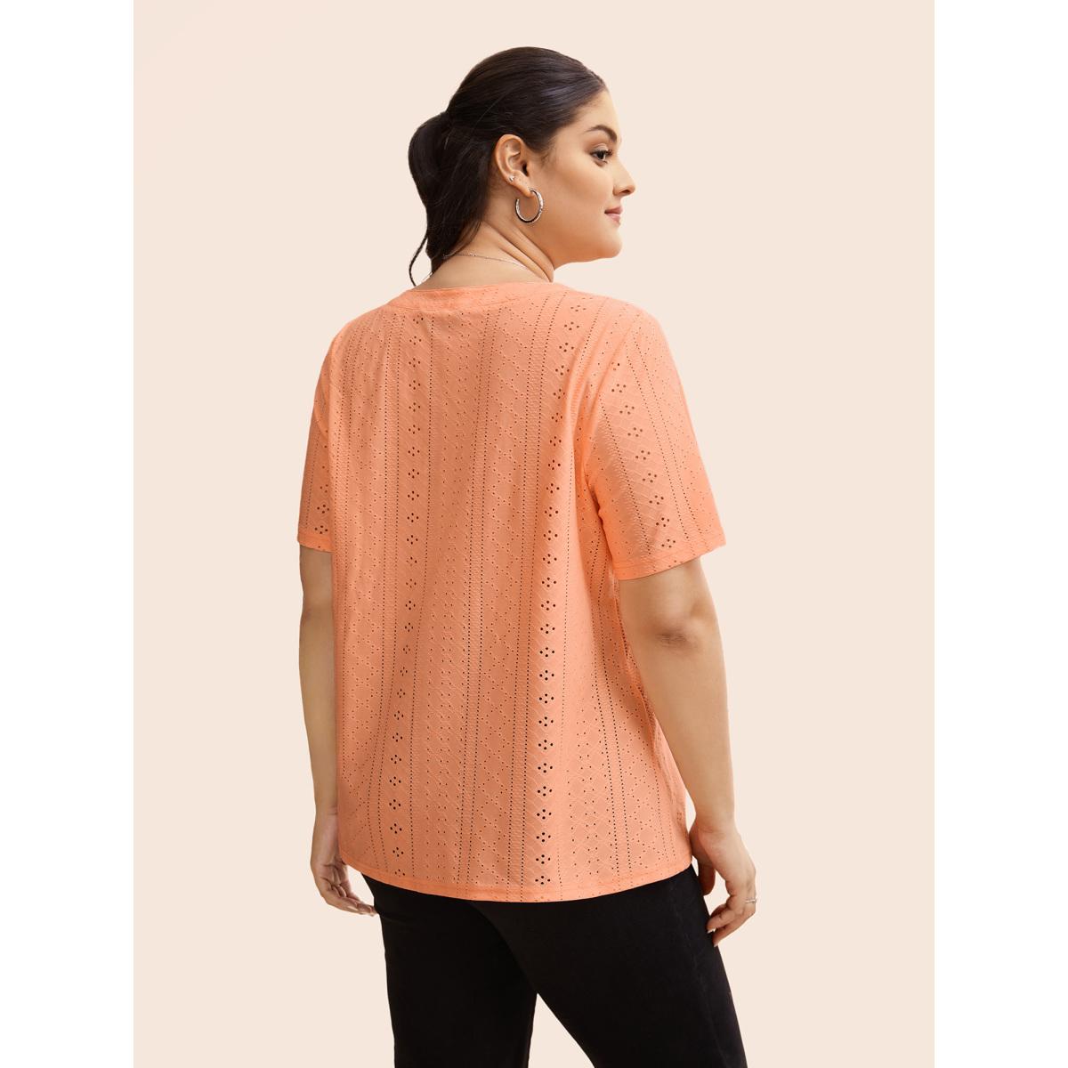 Plus Size Notched Broderie Anglaise Pleated T-shirt Lightorange Women Casual Texture Flat collar with V-notch Everyday T-shirts BloomChic 26/4X Product Image