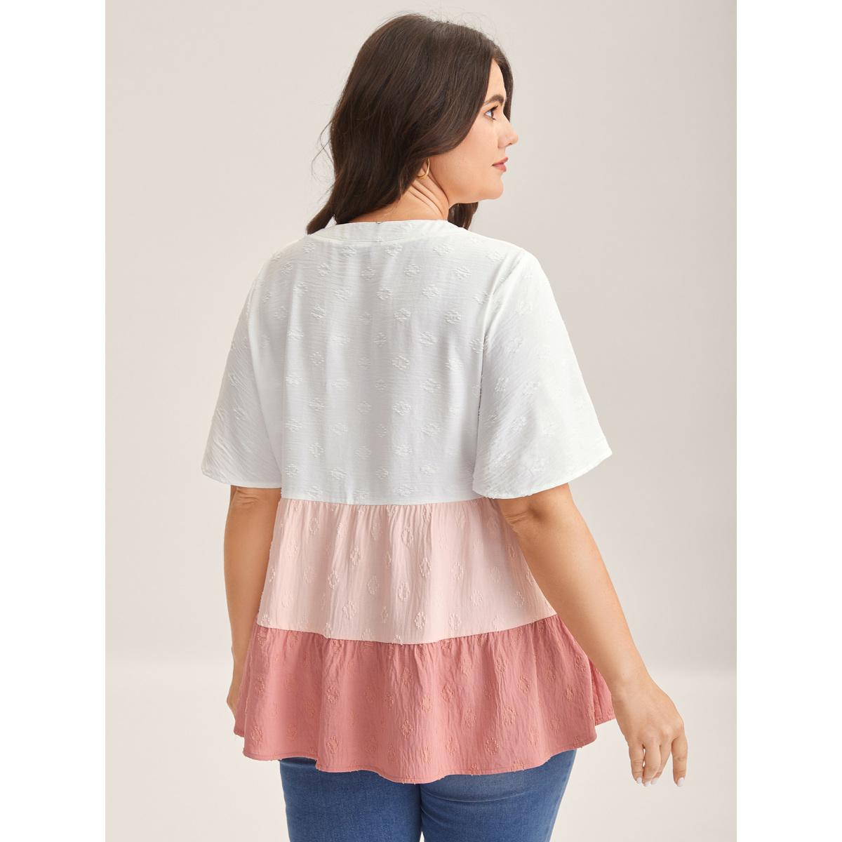 Plus Size WhiteSmoke Toothpick Pleat Color Contrast Blouse Women Short sleeve Flat collar with V-notch Everyday-Elegant Blouses BloomChic 18-20/2X Product Image