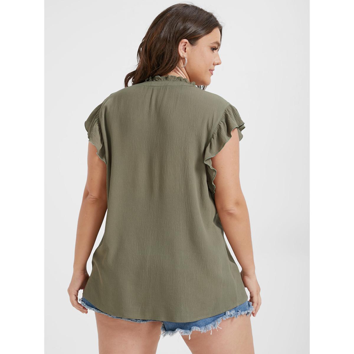 Plus Size ArmyGreen Solid V Neck Ruffles Sleeve Blouse Women Casual Cap Sleeve V-neck Dailywear Blouses BloomChic 30/6X Product Image