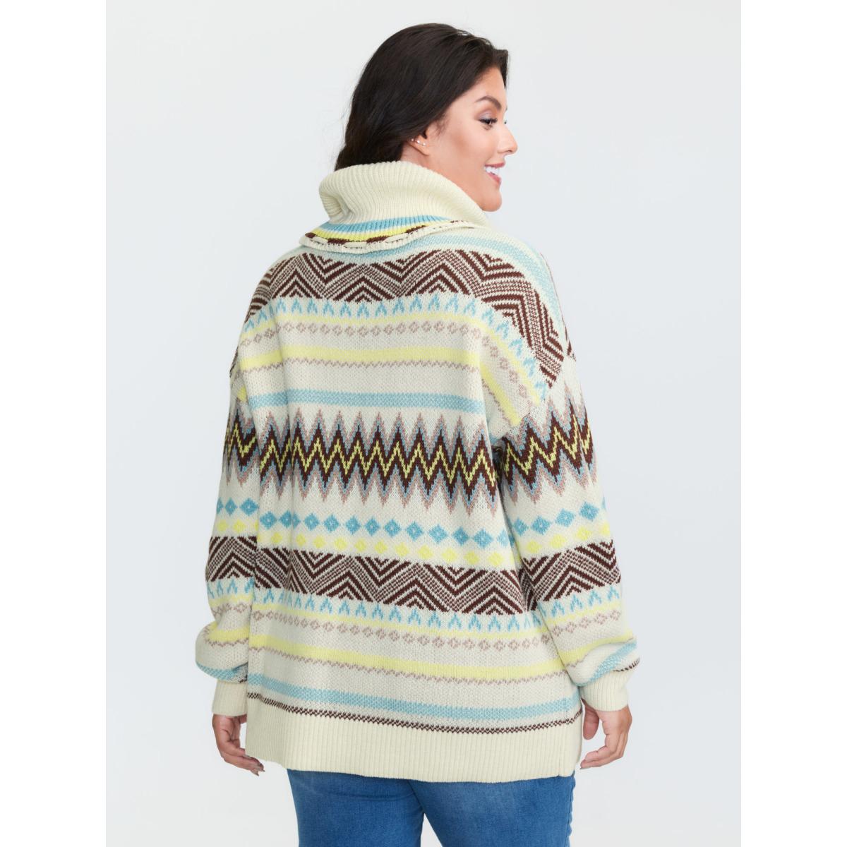 Plus Size Jacquard Boho Print Turtleneck Pullover Ivory Women Playful Loose Long Sleeve Ruffled collar Casual Pullovers BloomChic 30/6X Product Image