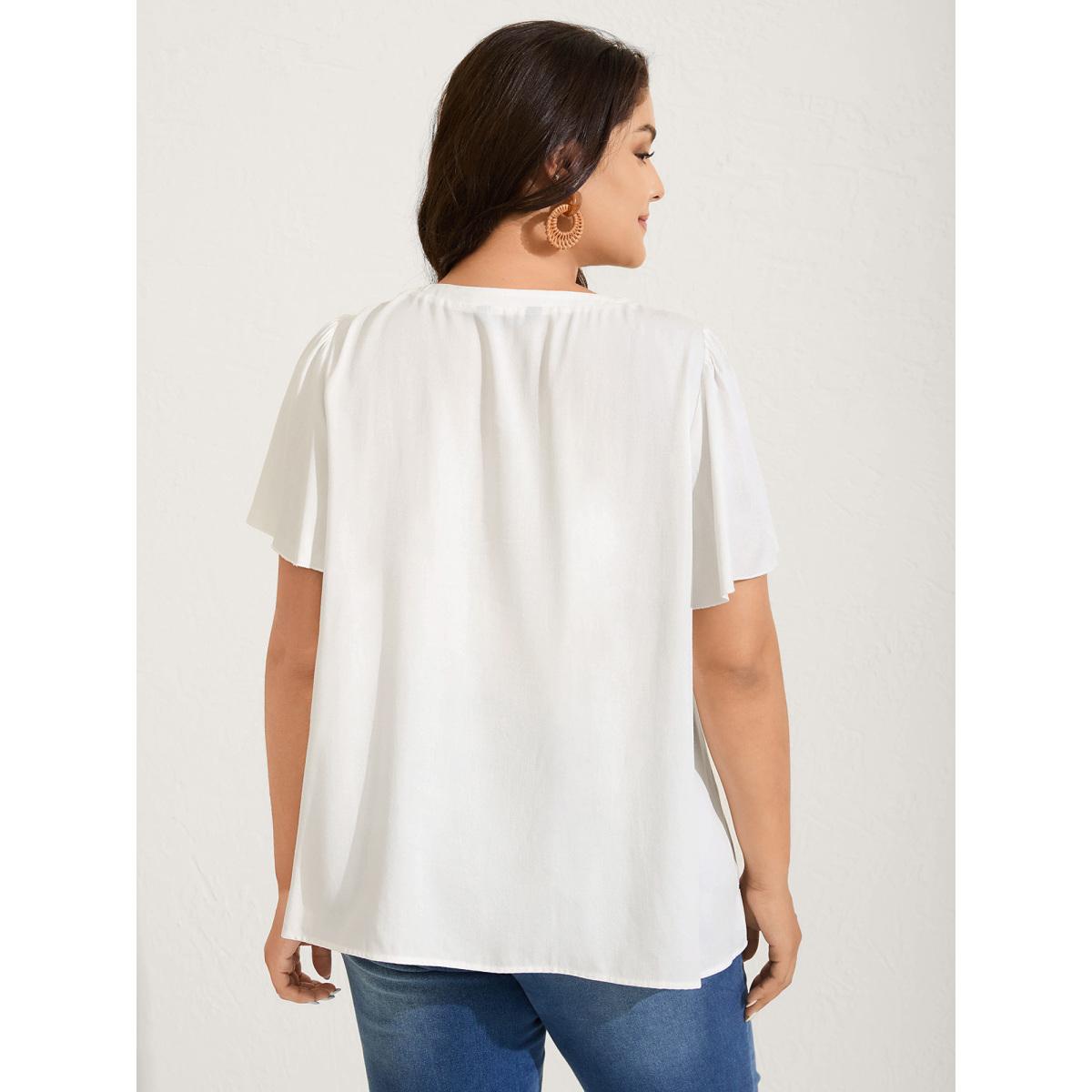 Plus Size Ivory Floral Embroidered Cross-Tie Neck Blouse Women Short sleeve Notched collar Vacation Blouses BloomChic 18-20/2X Product Image