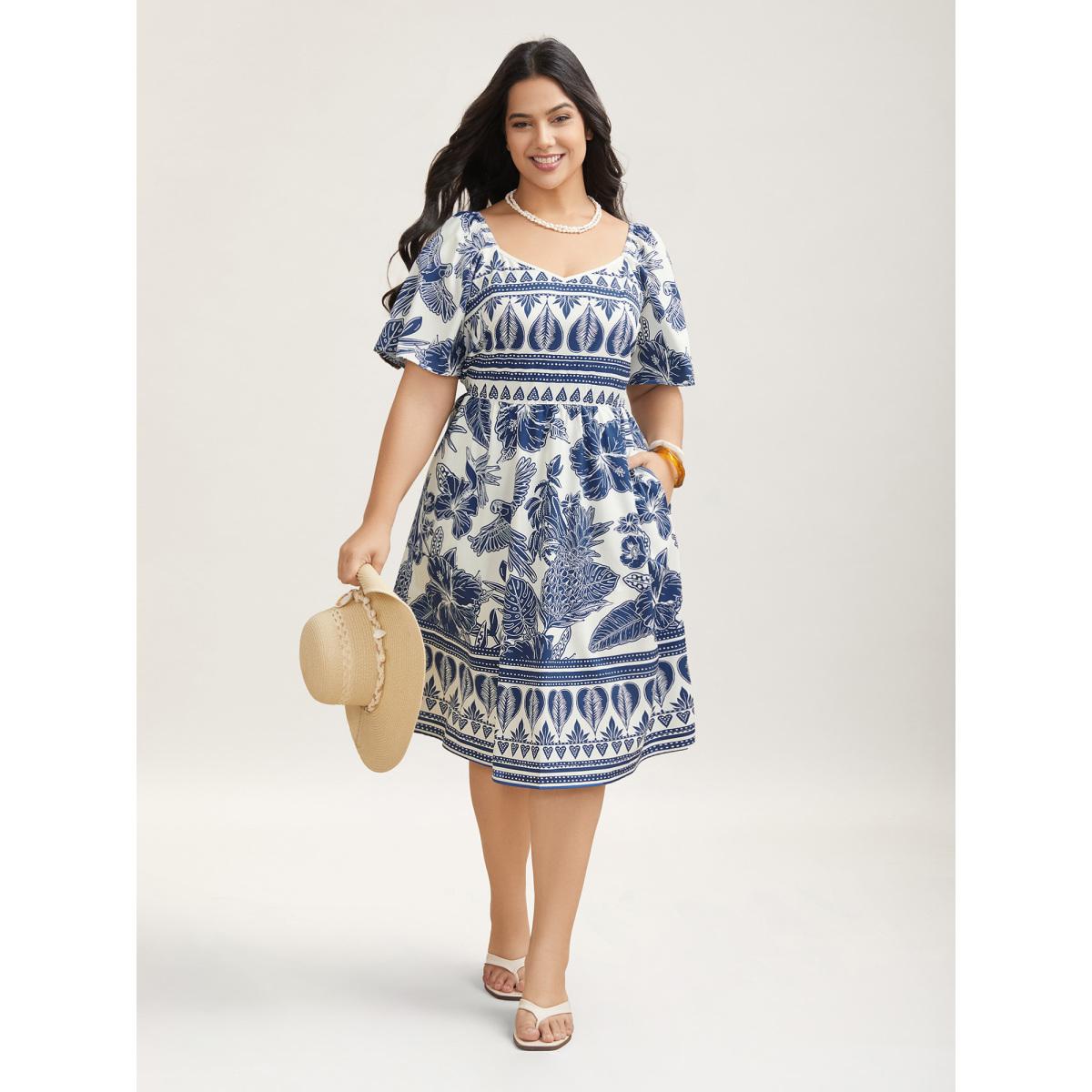 Plus Size Boho Print Fit Flare Pockets Midi Dress DarkBlue Women Resort Non Heart neckline Short sleeve Curvy BloomChic 26/4X Product Image