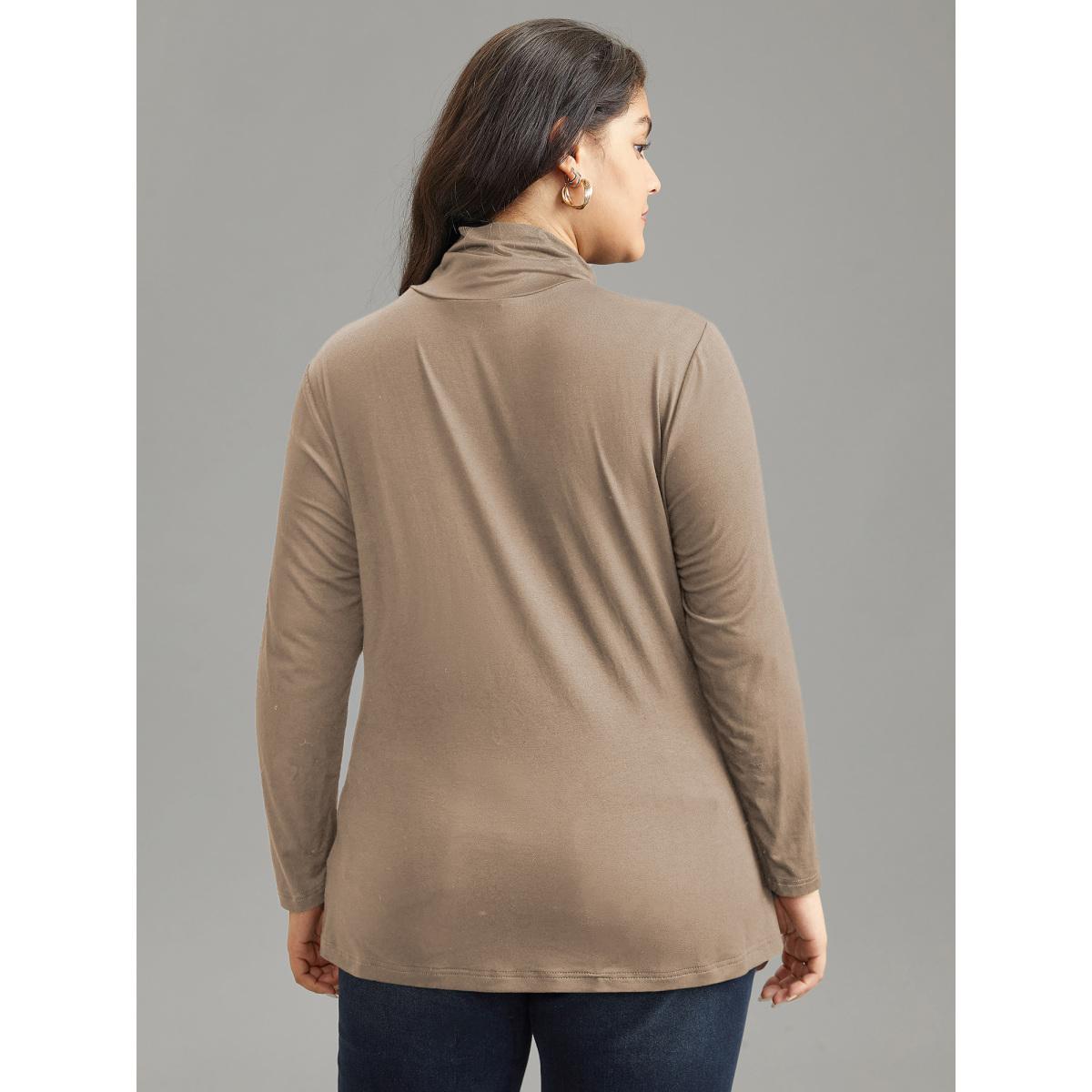 Plus Size Supersoft Essentials Solid Funnel Neck Knit T-shirt LightBrown Women Elegant Plain Plain Ruffled collar Bodycon Dailywear T-shirts BloomChic 26/4X Product Image