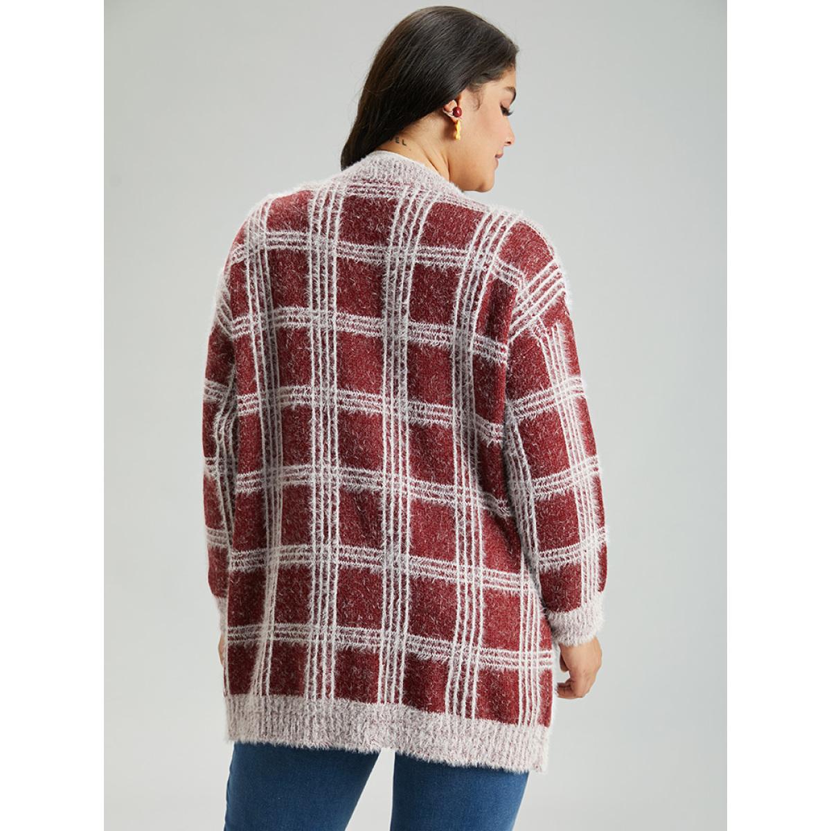 Plus Size Plaid Fuzzy Heather Button Fly Tunic Cardigan Burgundy Women Casual Loose Long Sleeve Festival-Christmas Cardigans BloomChic 22-24/3X Product Image