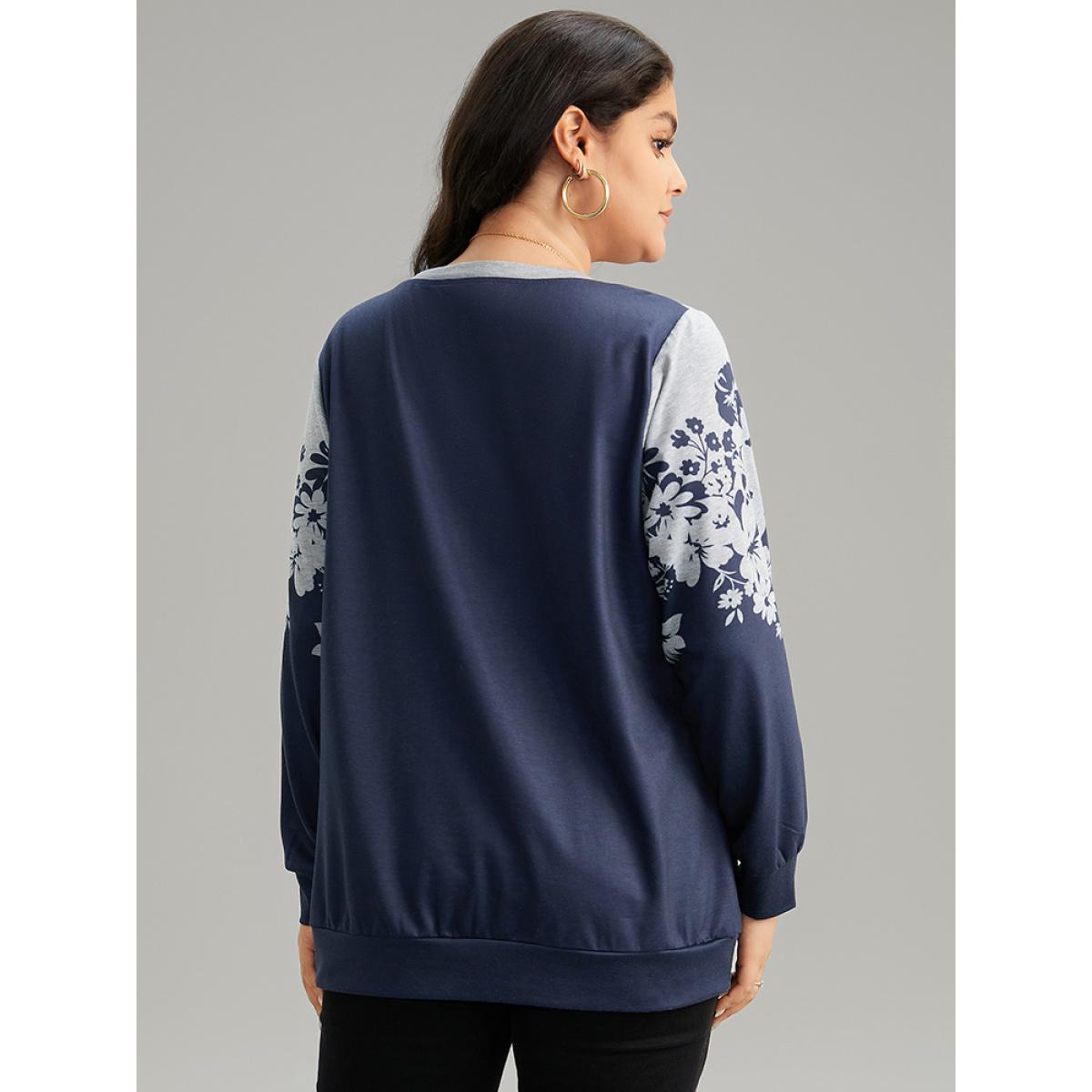Plus Size Silhouette Floral Print Contrast Round Neck Sweatshirt Women Indigo Casual Contrast Round Neck Dailywear Sweatshirts BloomChic 12/L Product Image