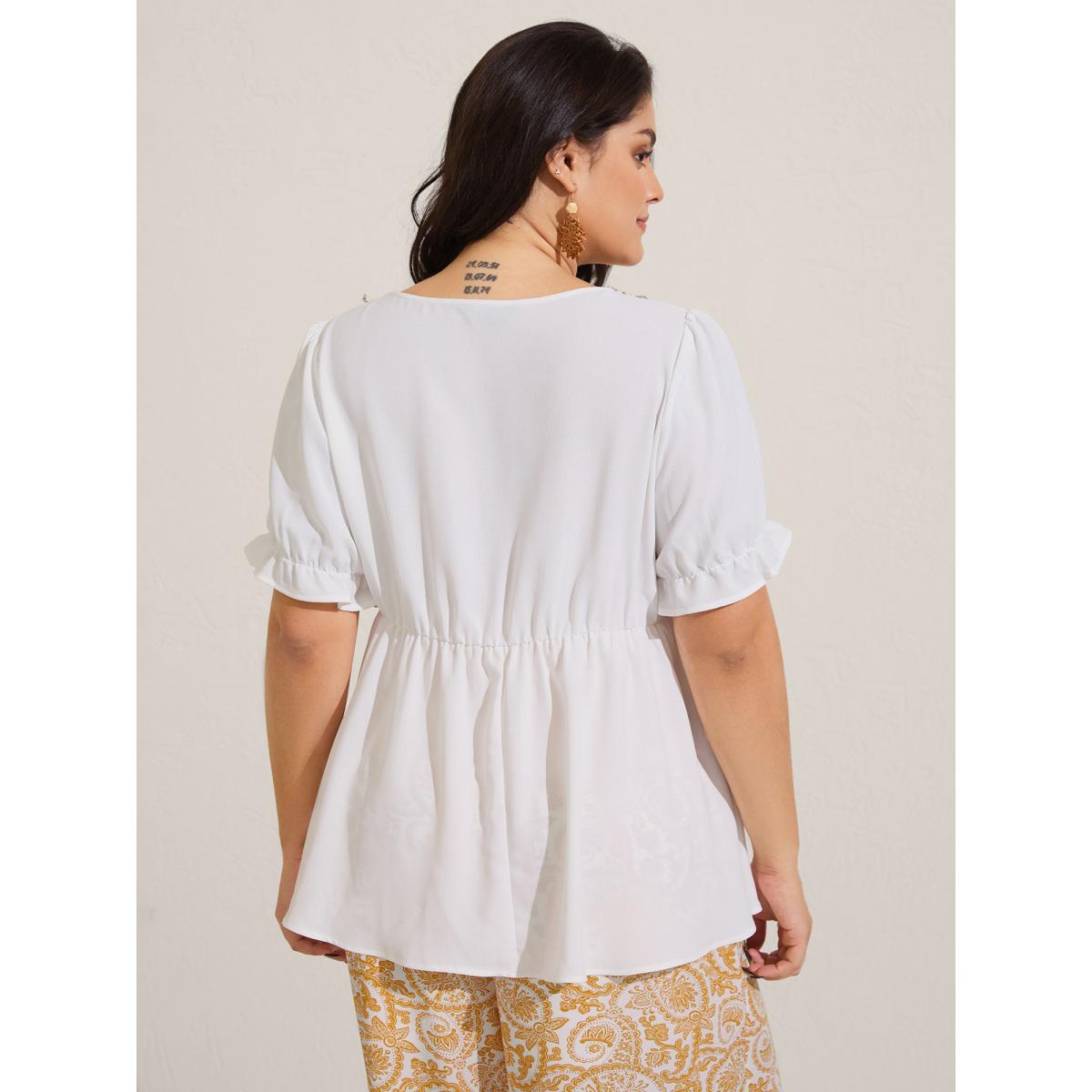 Plus Size Originalwhite Contrast Webbing Shell Detail Blouse Women Short sleeve V-neck Vacation Blouses BloomChic 12/L Product Image