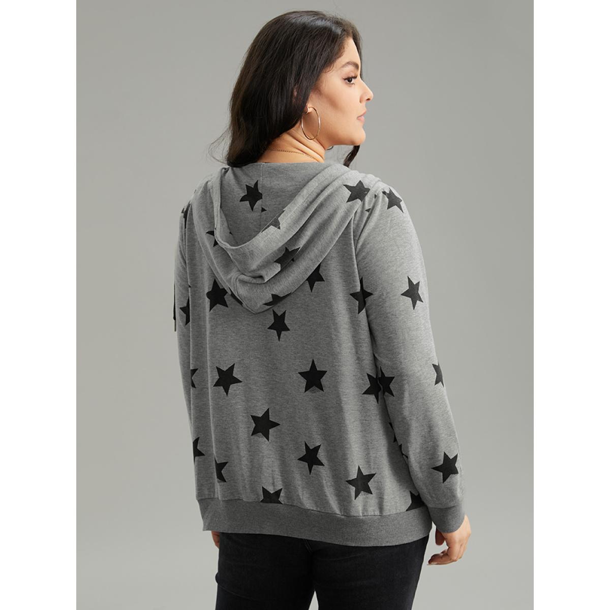 Plus Size Star Print Hooded Ties Pocket Sweatshirt Women Gray Casual Printed Hooded Dailywear Sweatshirts BloomChic 18-20/2X Product Image